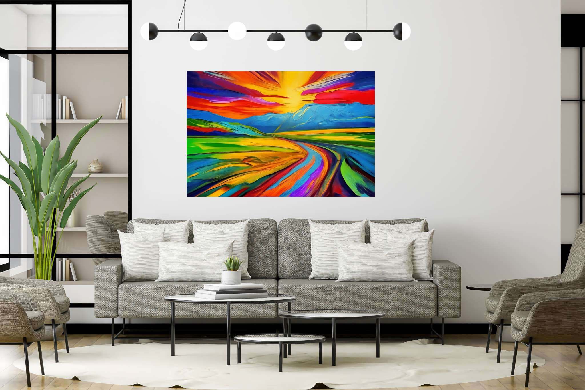 Aurora's veil enchantment: Vibrant sunset art with abstract sunset art, in a room with urban design, digital art pieces, and interior decorations. The art can be printed on poster, framed poster, canvas, metal, acrylic or wood, exclusively at WallArtZen. Find this exact print at https://wallartzen.com/waz289