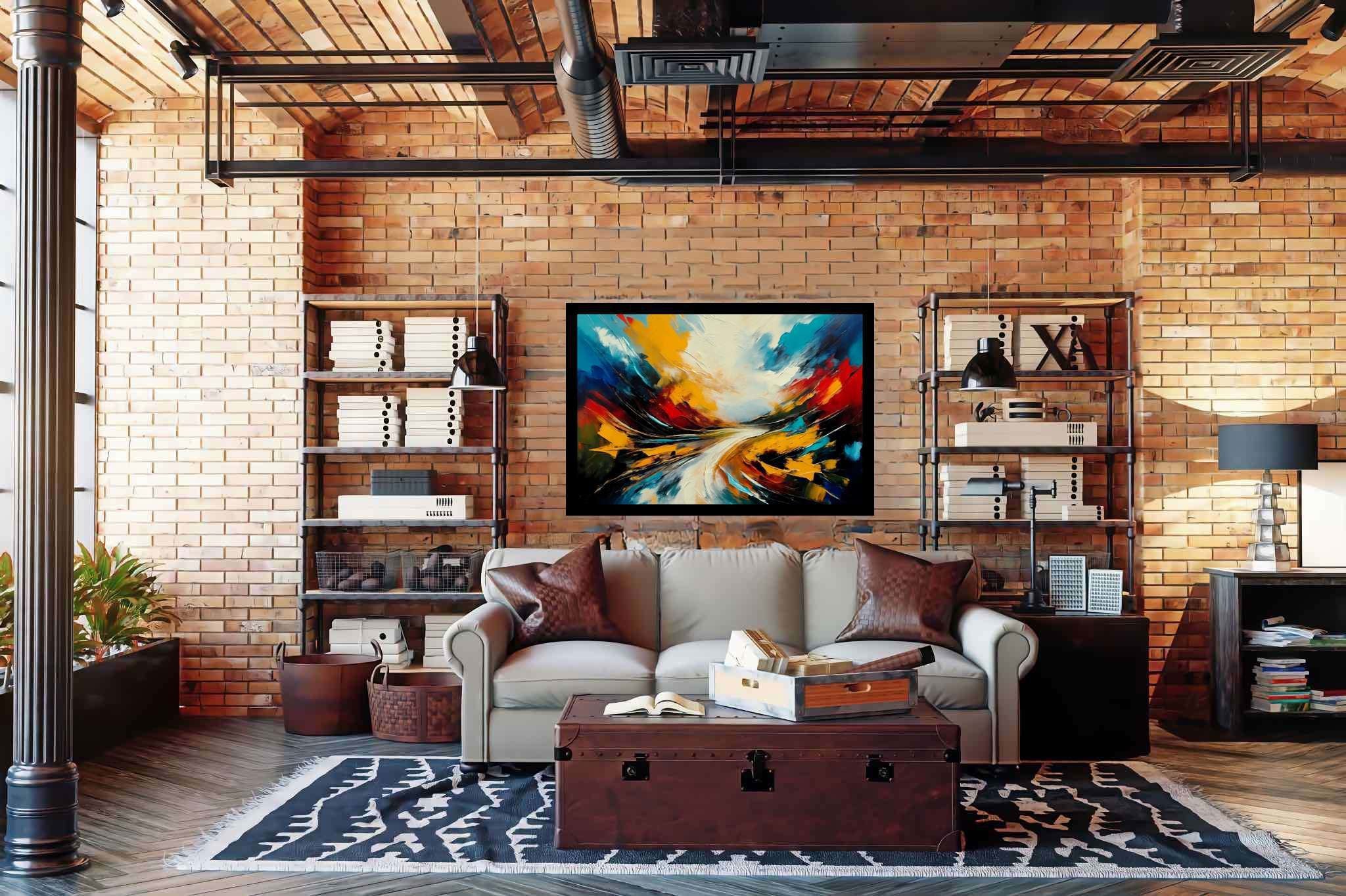 Chimerical horizons unfurled: Surreal landscape art with visionary landscapes, in a room with elegant layout, fine art prints, and decorative pieces. The art can be printed on poster, framed poster, canvas, metal, acrylic or wood, exclusively at WallArtZen. Find this exact print at https://wallartzen.com/waz28