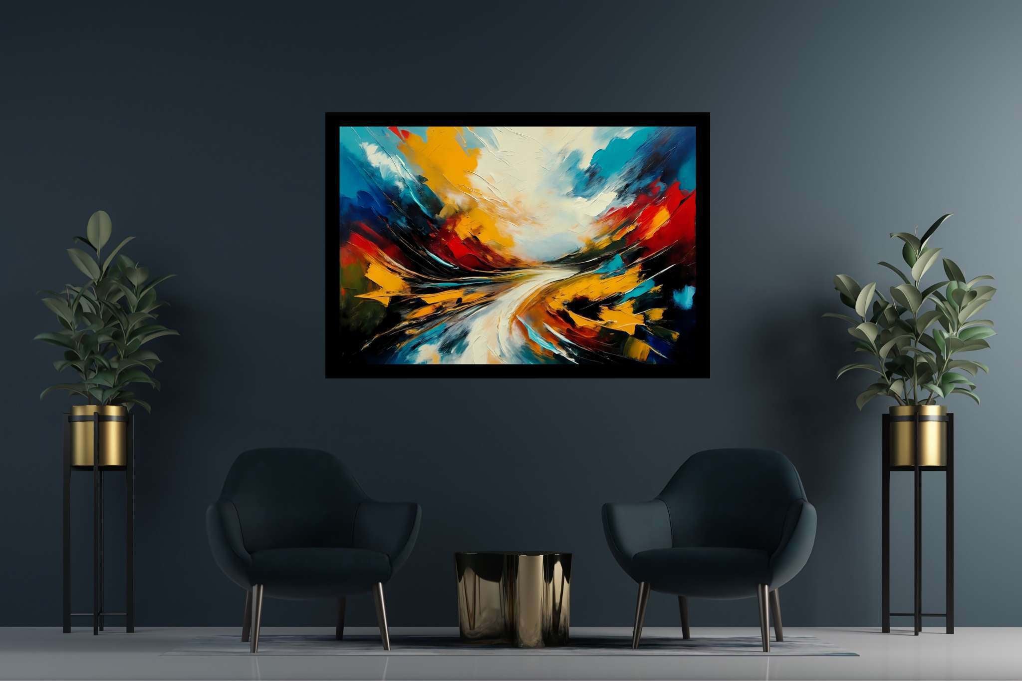 Chimerical horizons unfurled: Surreal landscape art with ethereal artwork, in a room with modern style, wall hangings, and stylish accessories. The art can be printed on poster, framed poster, canvas, metal, acrylic or wood, exclusively at WallArtZen. Find this exact print at https://wallartzen.com/waz28