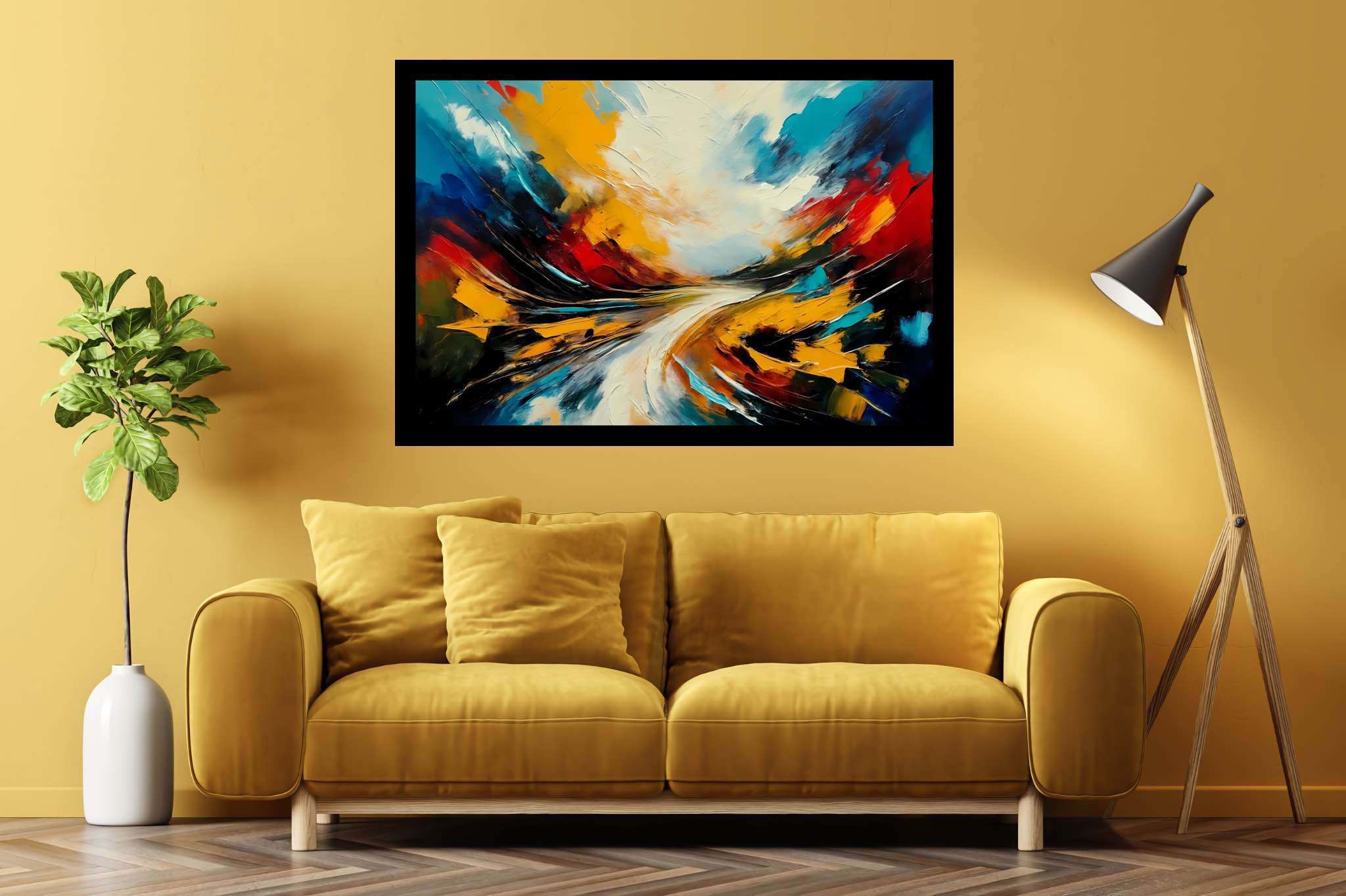 Chimerical horizons unfurled: Surreal landscape art with otherworldly scenery, in a room with elegant layout, canvas prints, and artisan decor. The art can be printed on poster, framed poster, canvas, metal, acrylic or wood, exclusively at WallArtZen. Find this exact print at https://wallartzen.com/waz28