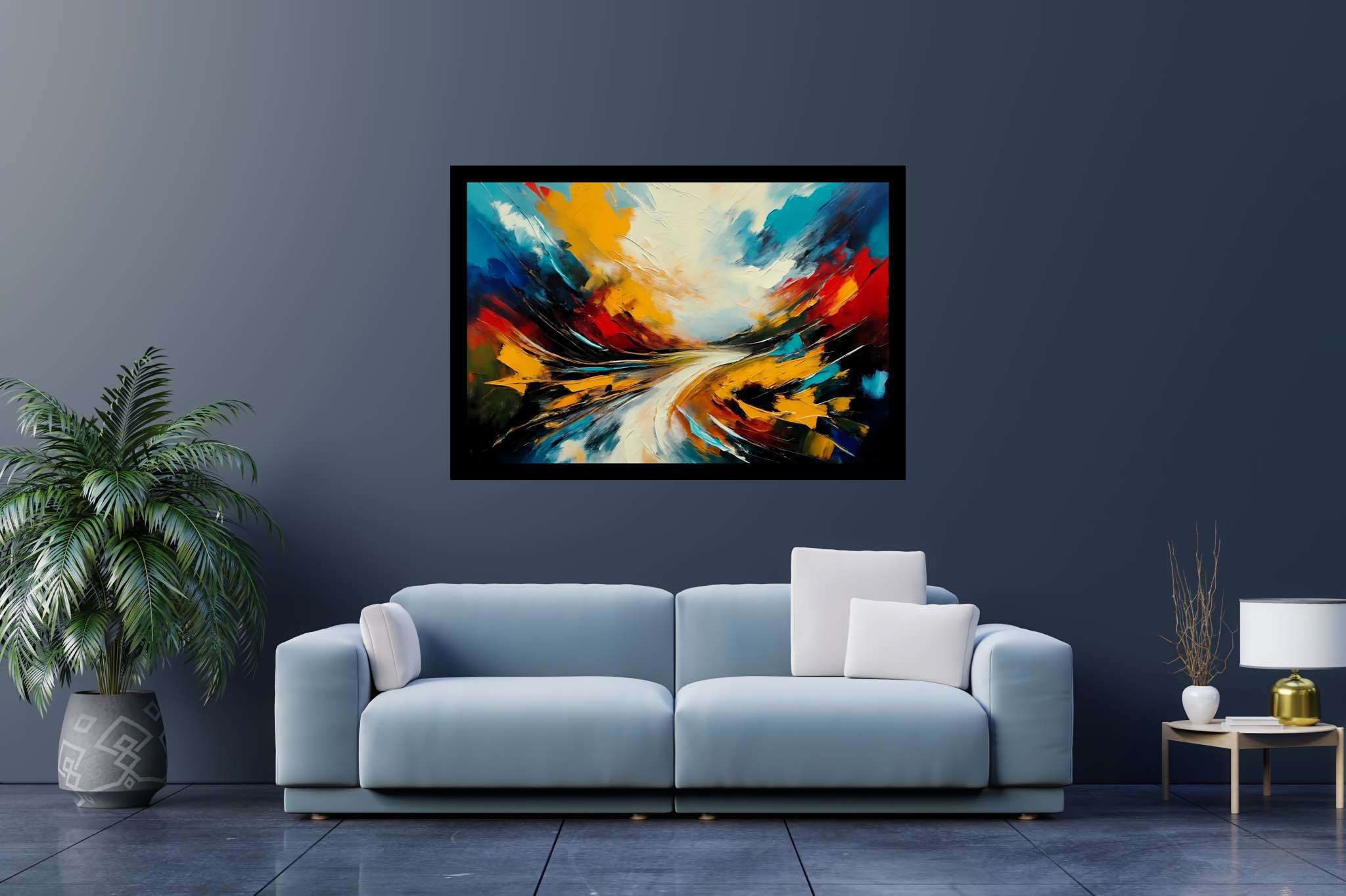 Chimerical horizons unfurled: Surreal landscape art with abstract landscapes, in a room with artistic style, fine art prints, and stylish accessories. The art can be printed on poster, framed poster, canvas, metal, acrylic or wood, exclusively at WallArtZen. Find this exact print at https://wallartzen.com/waz28