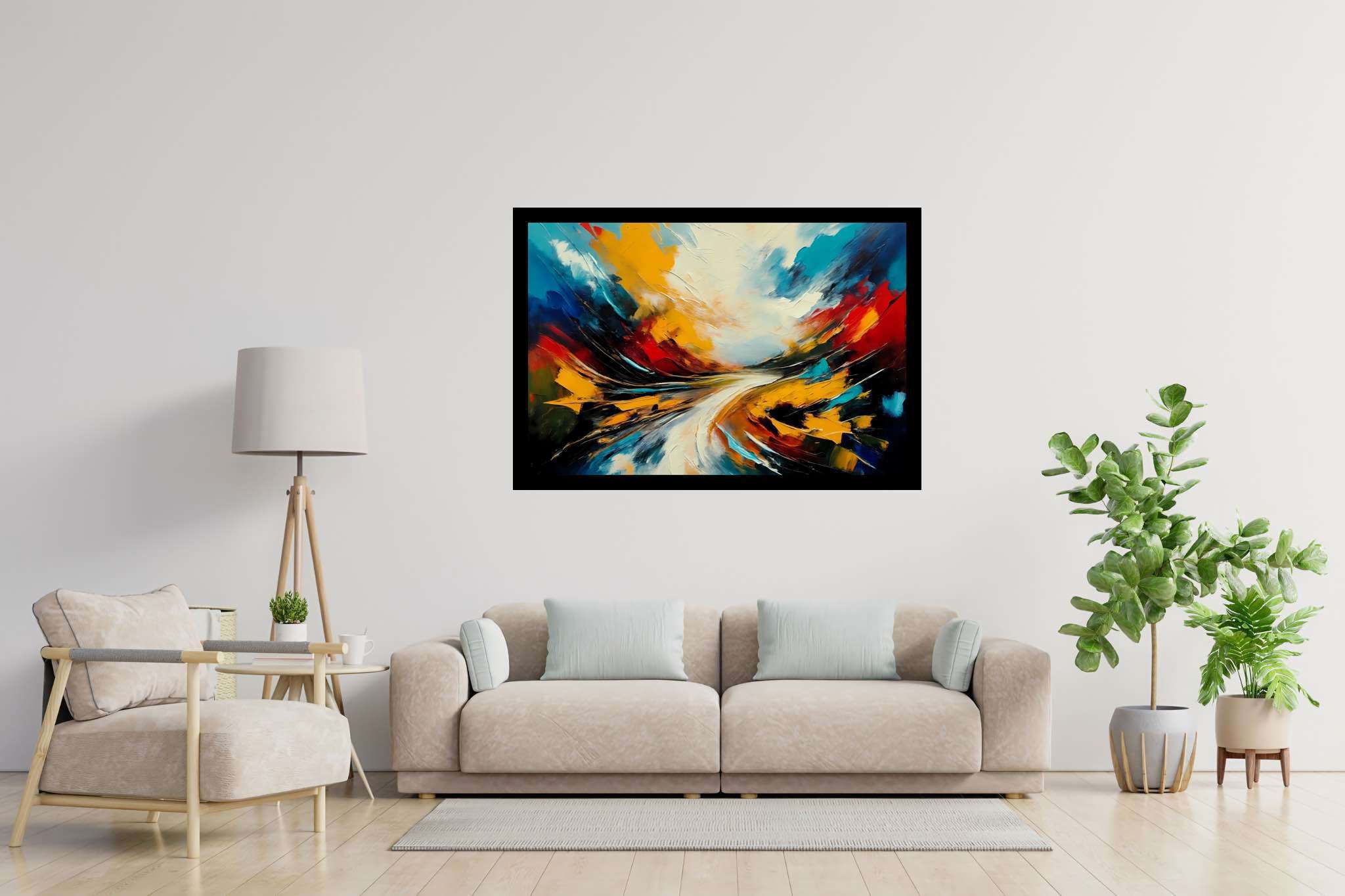Chimerical horizons unfurled: Surreal landscape art with dreamlike landscapes, in a room with innovative layout, fine art prints, and designer furniture. The art can be printed on poster, framed poster, canvas, metal, acrylic or wood, exclusively at WallArtZen. Find this exact print at https://wallartzen.com/waz28