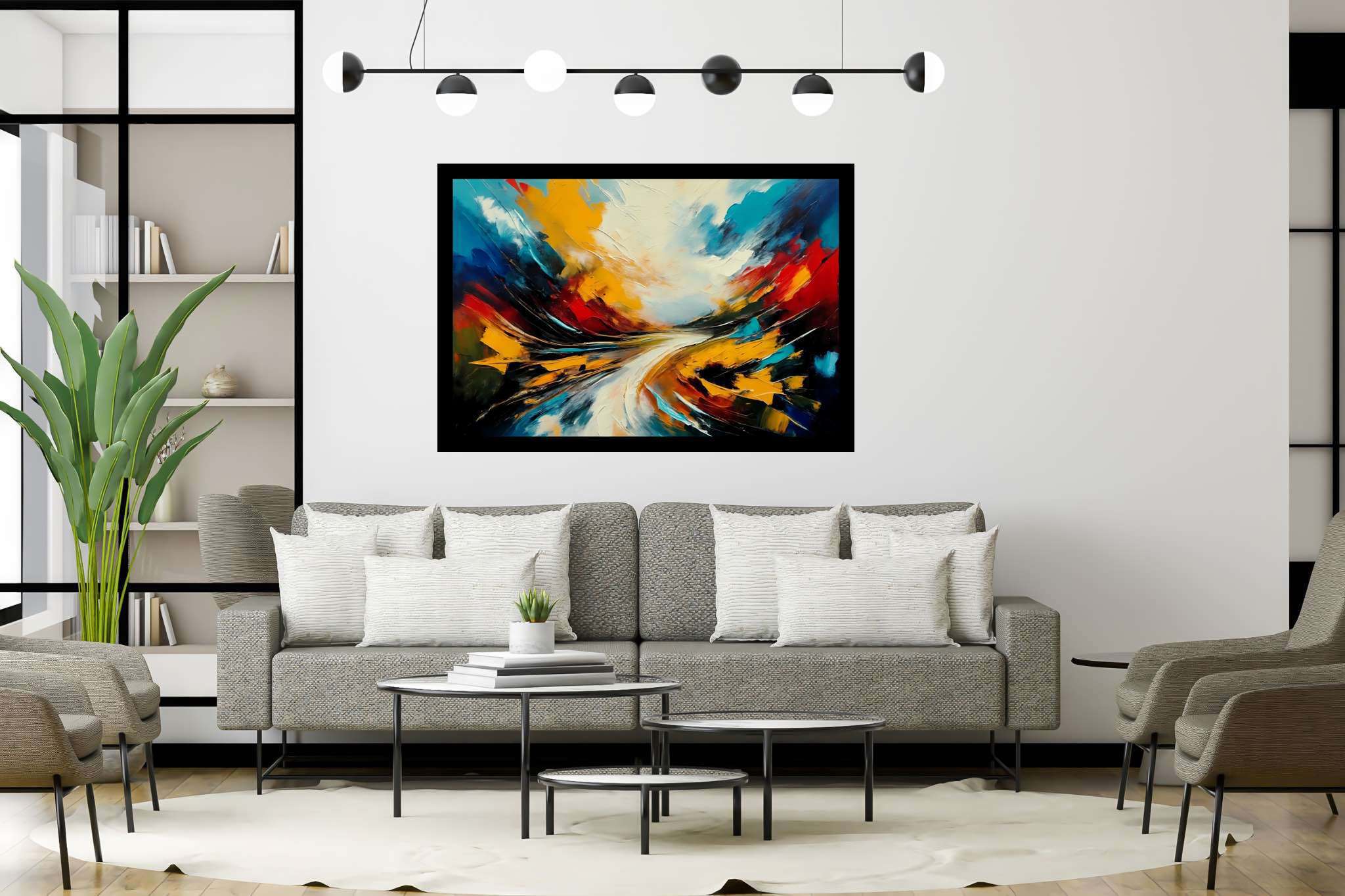 Chimerical horizons unfurled: Surreal landscape art with whimsical art, in a room with minimalist approach, canvas prints, and luxe decor. The art can be printed on poster, framed poster, canvas, metal, acrylic or wood, exclusively at WallArtZen. Find this exact print at https://wallartzen.com/waz28