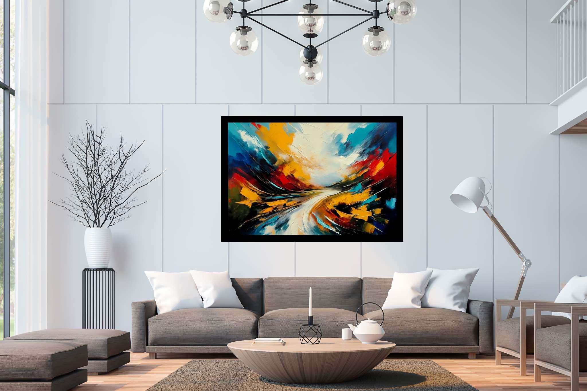 Chimerical horizons unfurled: Surreal landscape art with otherworldly scenery, in a room with chic decor, mural artworks, and home furnishings. The art can be printed on poster, framed poster, canvas, metal, acrylic or wood, exclusively at WallArtZen. Find this exact print at https://wallartzen.com/waz28