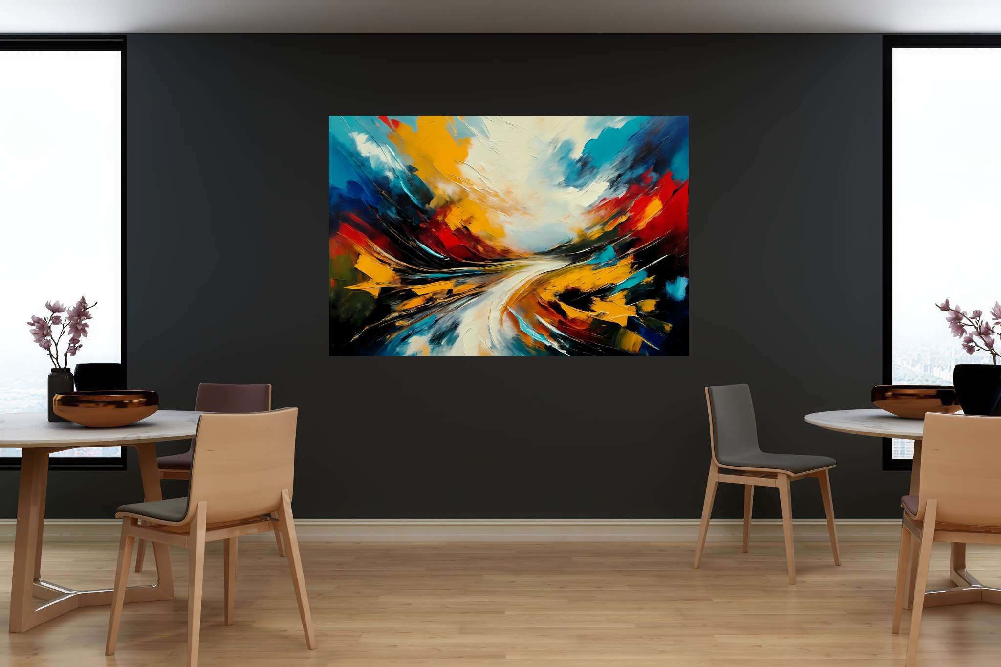 Chimerical horizons unfurled: Surreal landscape art with imaginative landscapes, in a room with minimalist approach, digital art pieces, and artisan decor. The art can be printed on poster, framed poster, canvas, metal, acrylic or wood, exclusively at WallArtZen. Find this exact print at https://wallartzen.com/waz28