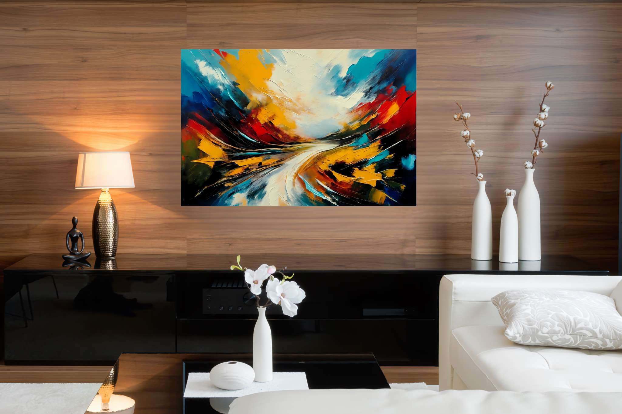 Chimerical horizons unfurled: Surreal landscape art with dreamlike landscapes, in a room with modern style, bespoke art designs, and trendy home accents. The art can be printed on poster, framed poster, canvas, metal, acrylic or wood, exclusively at WallArtZen. Find this exact print at https://wallartzen.com/waz28