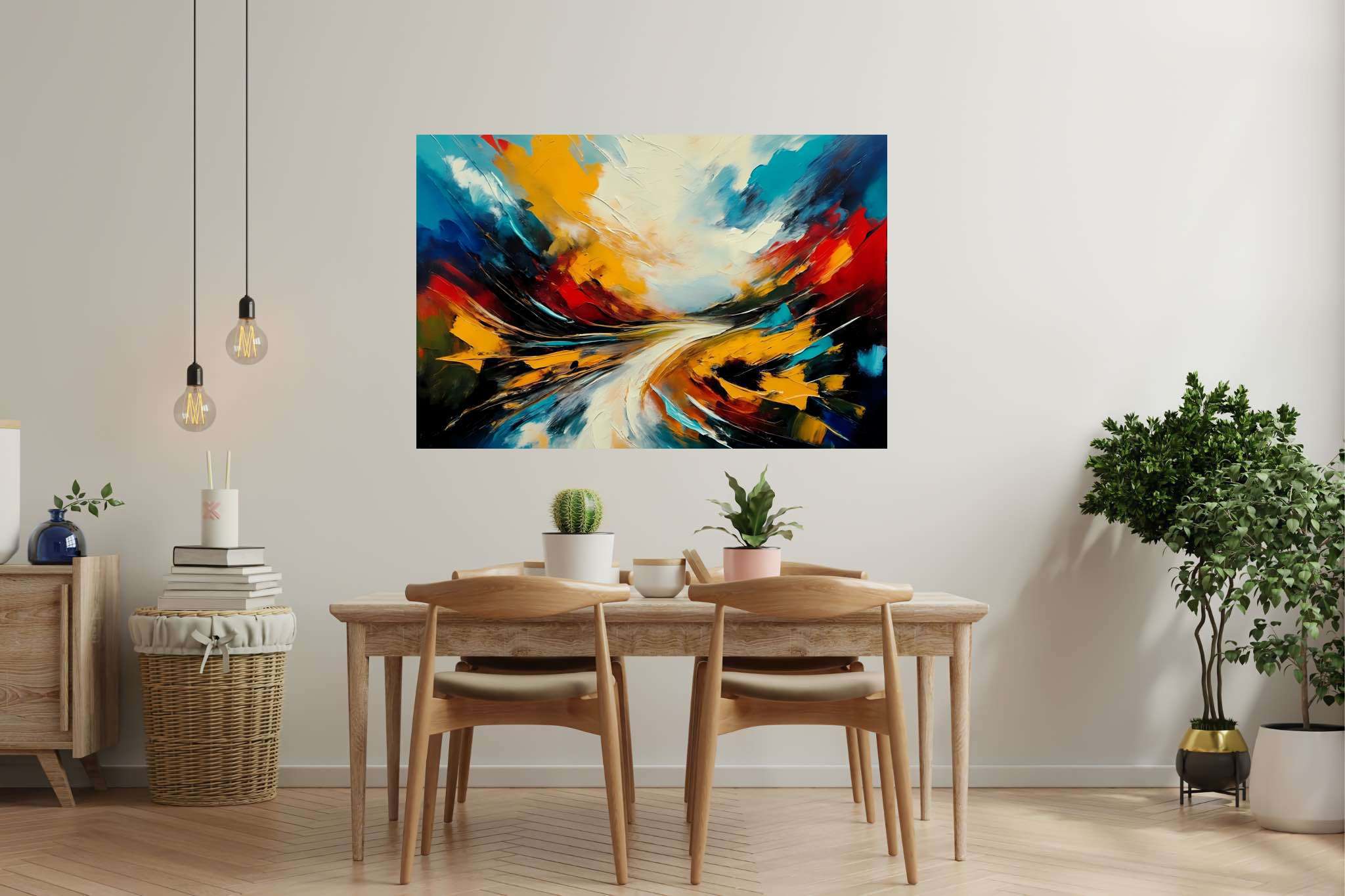 Chimerical horizons unfurled: Surreal landscape art with abstract landscapes, in a room with innovative layout, canvas prints, and trendy home accents. The art can be printed on poster, framed poster, canvas, metal, acrylic or wood, exclusively at WallArtZen. Find this exact print at https://wallartzen.com/waz28
