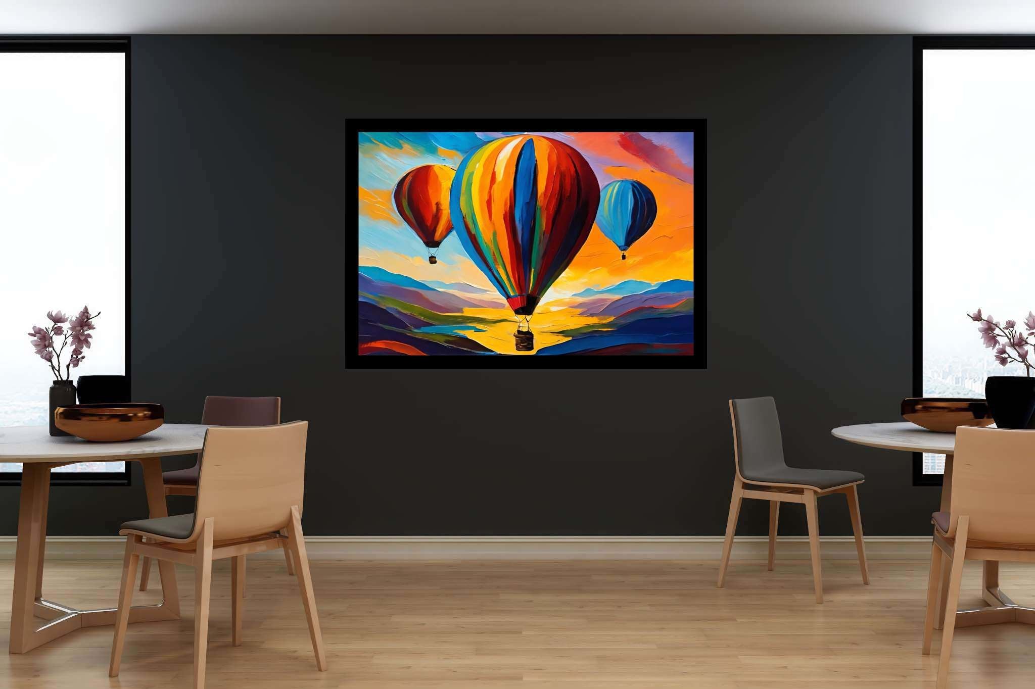 Aloft in dusk's embrace: Balloon art with balloon animals, in a room with great design, fine art prints, and artisan decor. The art can be printed on poster, framed poster, canvas, metal, acrylic or wood, exclusively at WallArtZen. Find this exact print at https://wallartzen.com/waz290