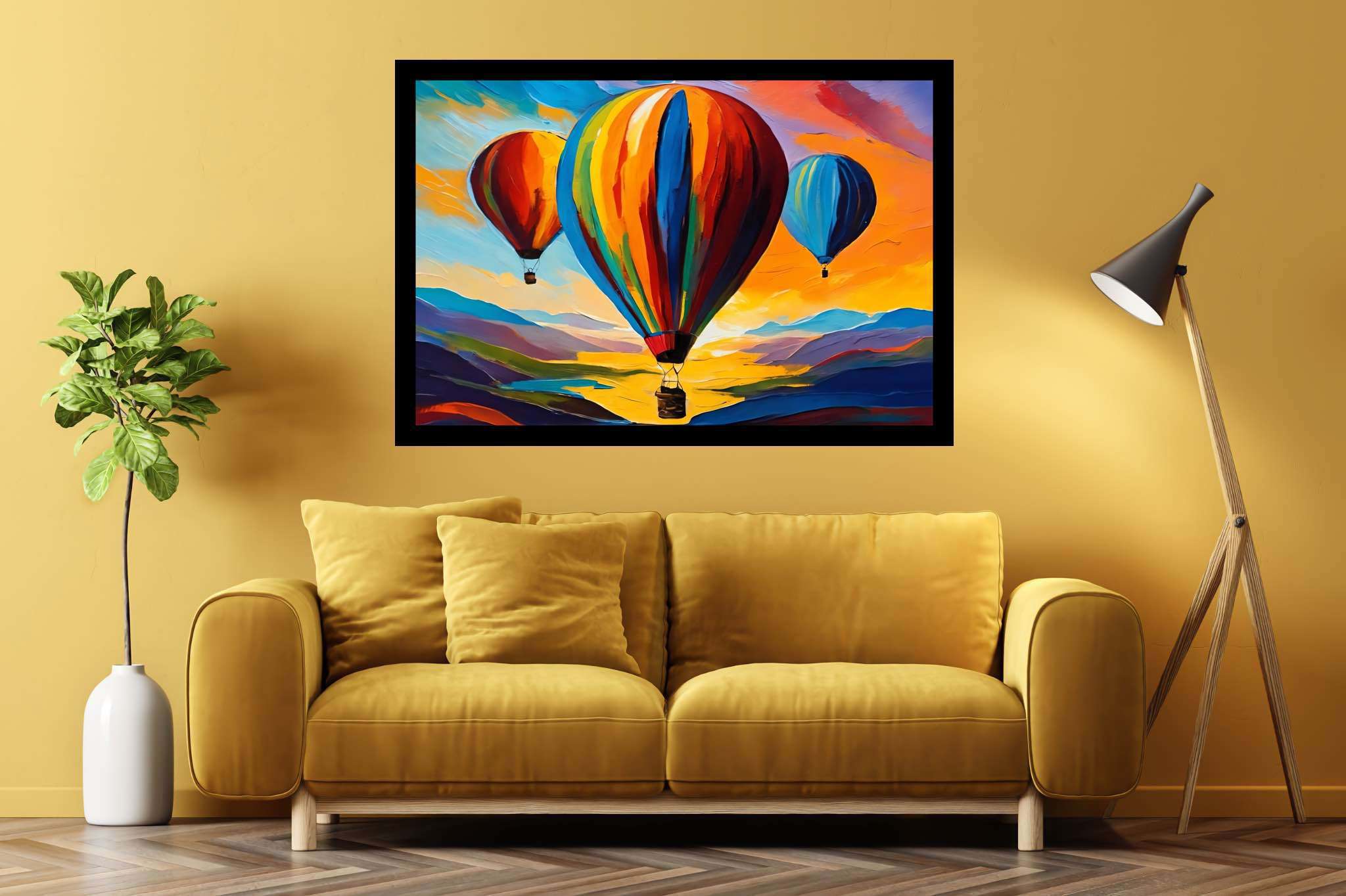 Aloft in dusk's embrace: Balloon art with balloons, in a room with artistic style, digital art pieces, and elegant home goods. The art can be printed on poster, framed poster, canvas, metal, acrylic or wood, exclusively at WallArtZen. Find this exact print at https://wallartzen.com/waz290