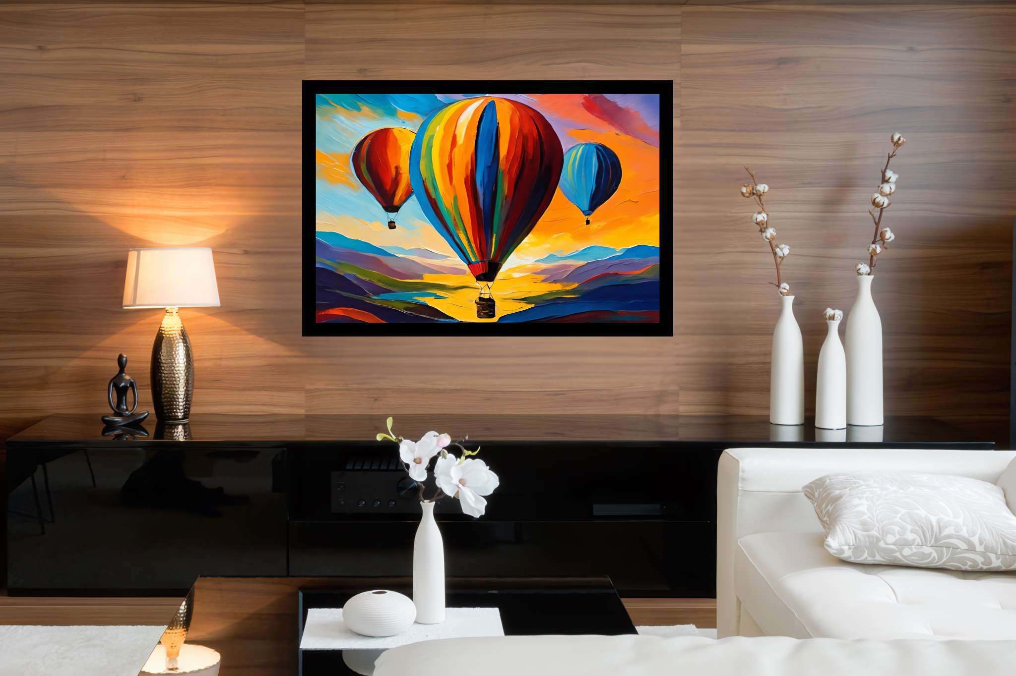 Aloft in dusk's embrace: Balloon art with balloon art, in a room with minimalist approach, bespoke art designs, and designer furniture. The art can be printed on poster, framed poster, canvas, metal, acrylic or wood, exclusively at WallArtZen. Find this exact print at https://wallartzen.com/waz290