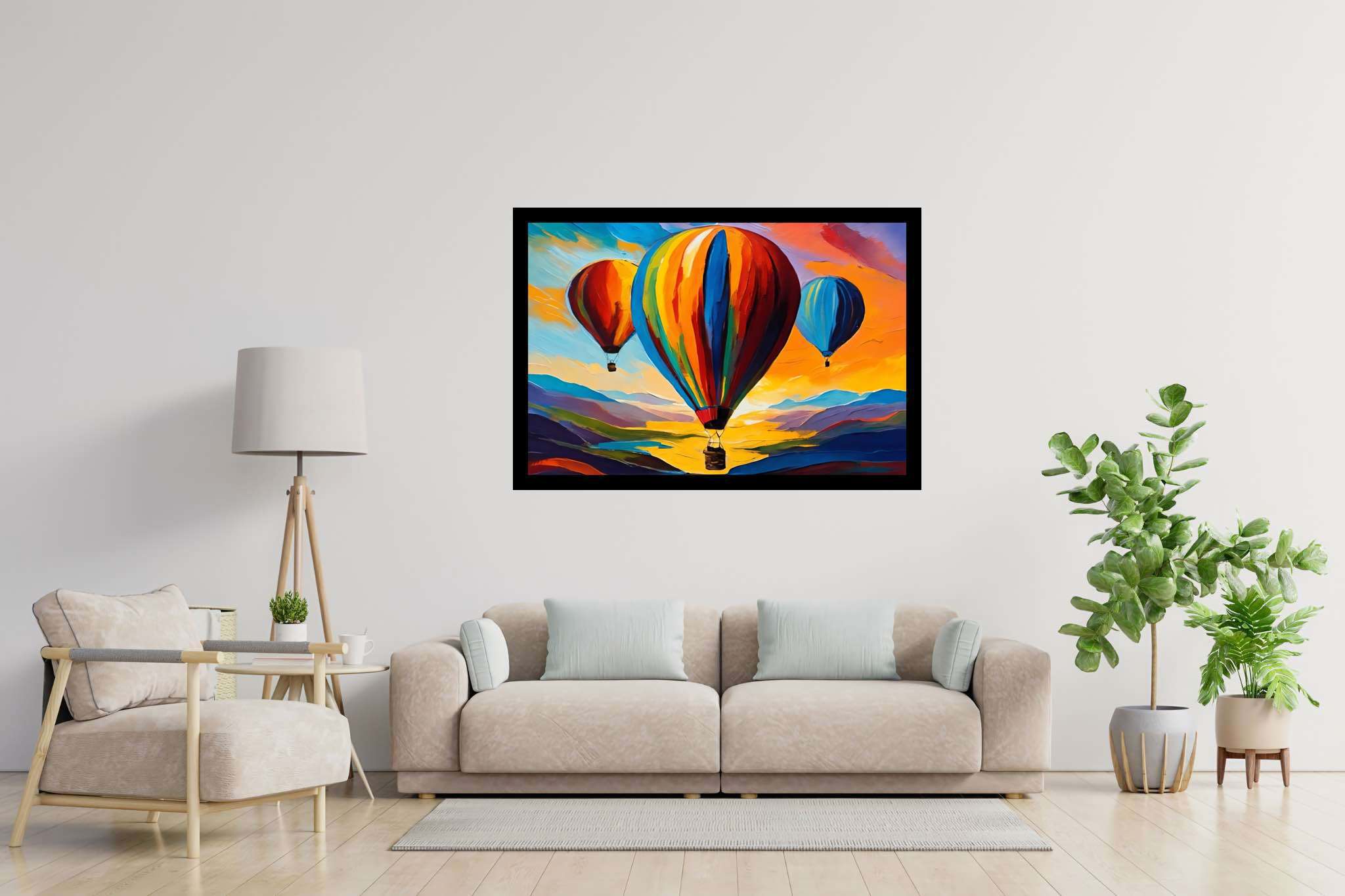 Aloft in dusk's embrace: Balloon art with balloon artist, in a room with classic elegance, photographic wall art, and home styling items. The art can be printed on poster, framed poster, canvas, metal, acrylic or wood, exclusively at WallArtZen. Find this exact print at https://wallartzen.com/waz290