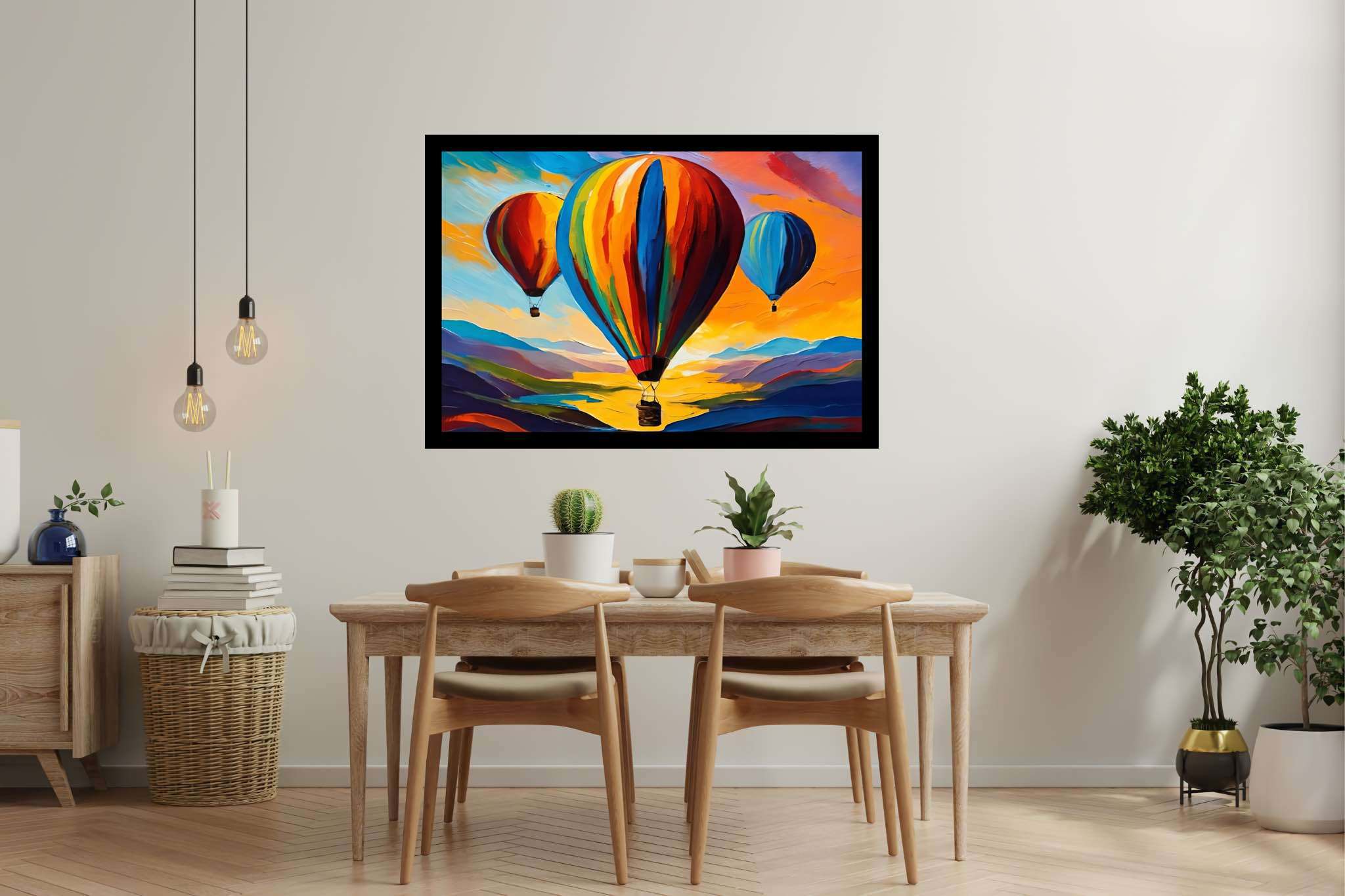 Aloft in dusk's embrace: Balloon art with balloon twisting, in a room with modern style, fine art prints, and interior decorations. The art can be printed on poster, framed poster, canvas, metal, acrylic or wood, exclusively at WallArtZen. Find this exact print at https://wallartzen.com/waz290