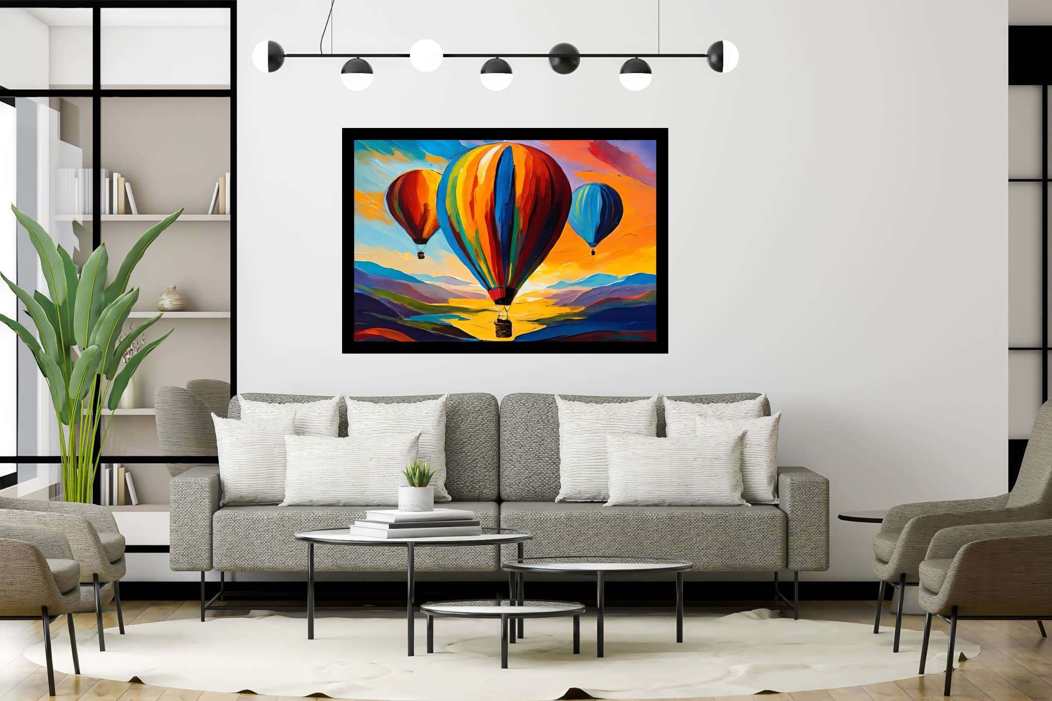 Aloft in dusk's embrace: Balloon art with balloon crafts, in a room with innovative layout, wall art, and home styling items. The art can be printed on poster, framed poster, canvas, metal, acrylic or wood, exclusively at WallArtZen. Find this exact print at https://wallartzen.com/waz290