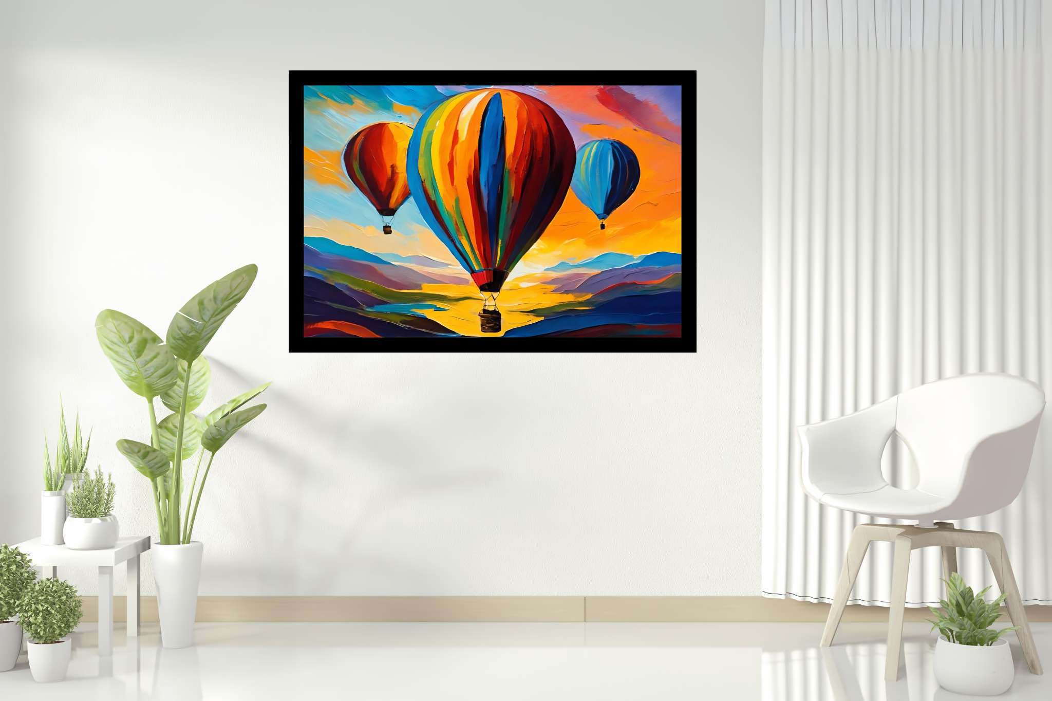 Aloft in dusk's embrace: Balloon art with balloon artist, in a room with contemporary flair, bespoke art designs, and elegant home goods. The art can be printed on poster, framed poster, canvas, metal, acrylic or wood, exclusively at WallArtZen. Find this exact print at https://wallartzen.com/waz290