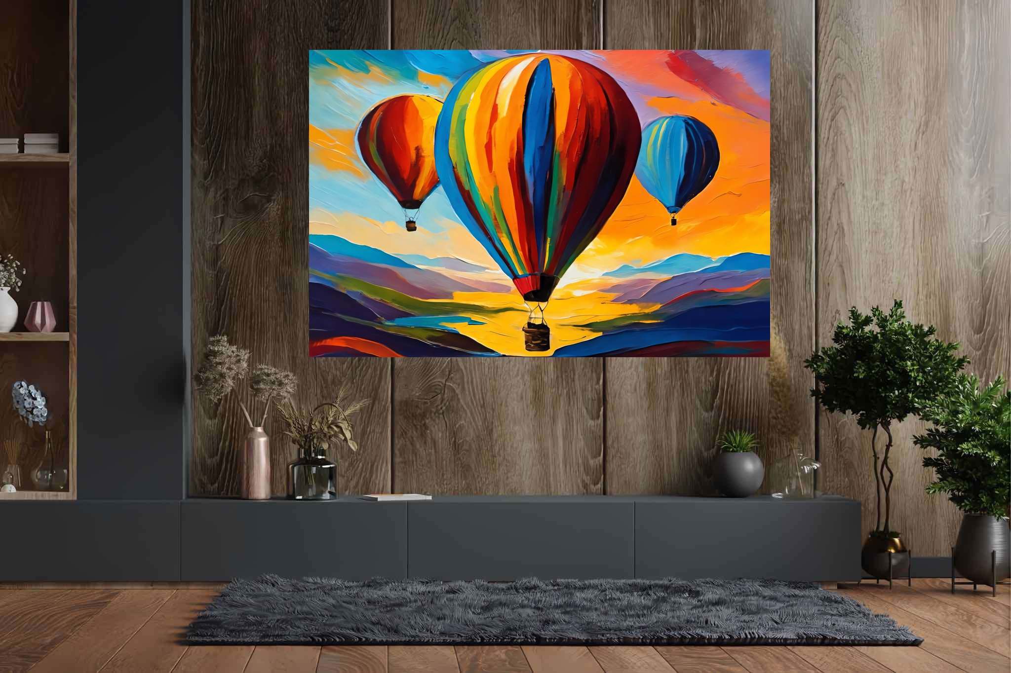 Aloft in dusk's embrace: Balloon art with balloon design, in a room with urban design, digital art pieces, and home furnishings. The art can be printed on poster, framed poster, canvas, metal, acrylic or wood, exclusively at WallArtZen. Find this exact print at https://wallartzen.com/waz290