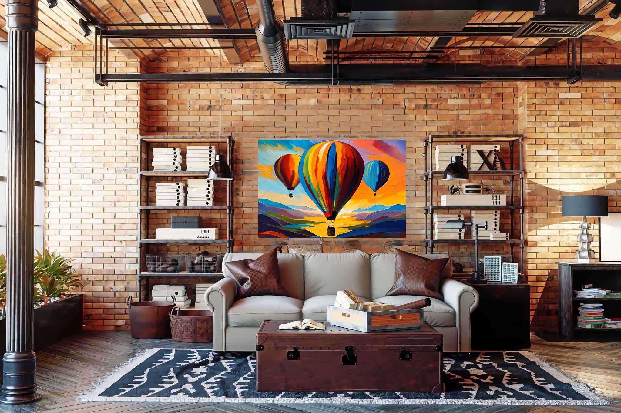 Aloft in dusk's embrace: Balloon art with balloon design, in a room with elegant layout, mural artworks, and artisan decor. The art can be printed on poster, framed poster, canvas, metal, acrylic or wood, exclusively at WallArtZen. Find this exact print at https://wallartzen.com/waz290