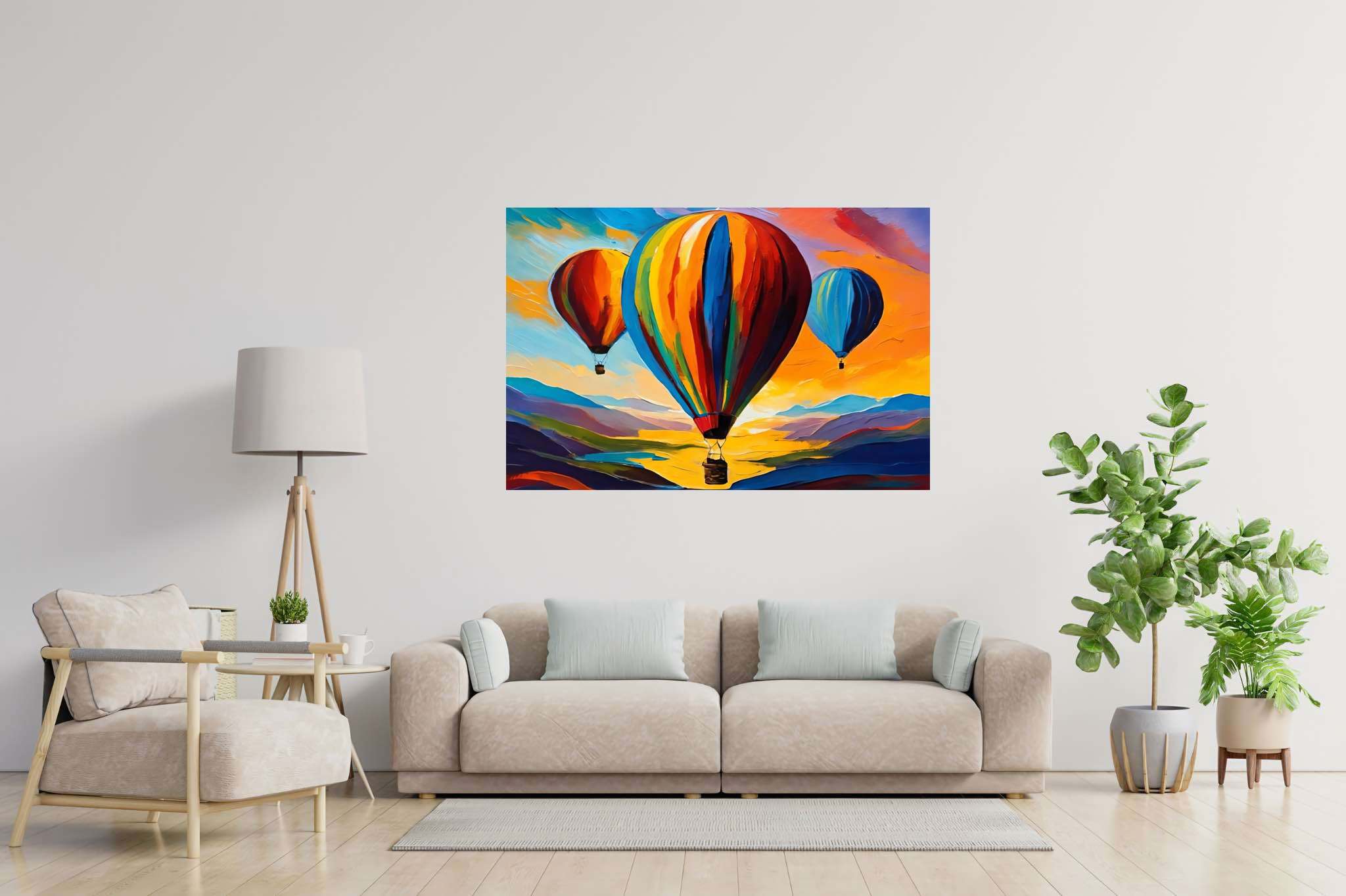 Aloft in dusk's embrace: Balloon art with balloon animals, in a room with classic elegance, framed art, and trendy home accents. The art can be printed on poster, framed poster, canvas, metal, acrylic or wood, exclusively at WallArtZen. Find this exact print at https://wallartzen.com/waz290