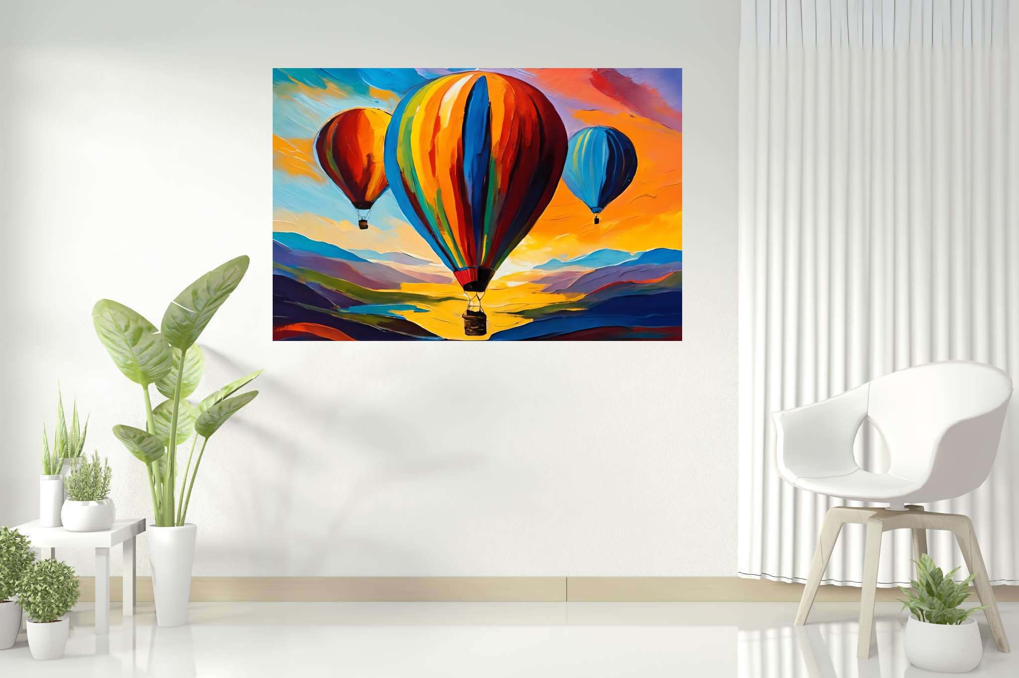 Aloft in dusk's embrace: Balloon art with balloon modeling, in a room with artistic style, canvas prints, and home styling items. The art can be printed on poster, framed poster, canvas, metal, acrylic or wood, exclusively at WallArtZen. Find this exact print at https://wallartzen.com/waz290