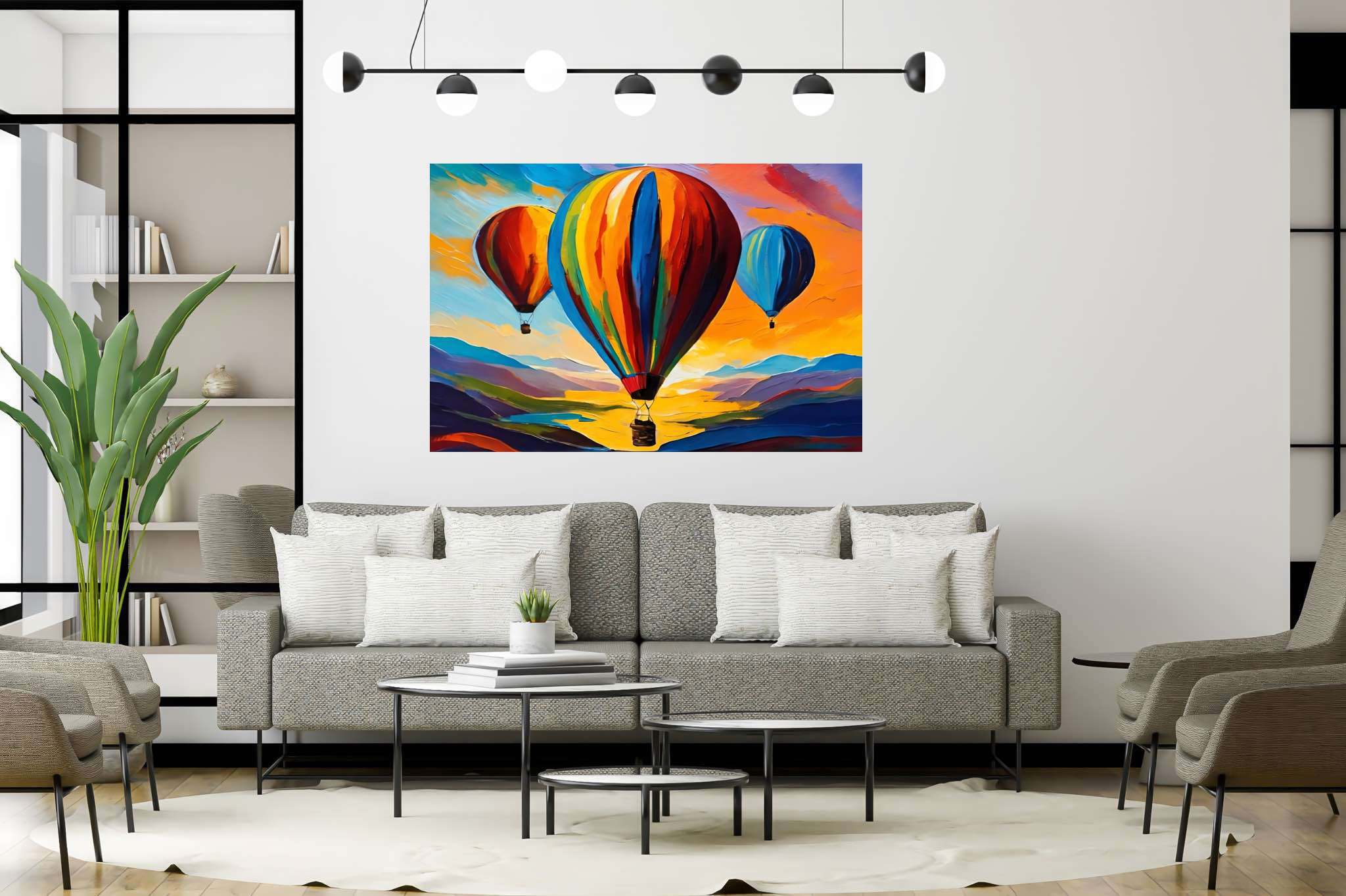 Aloft in dusk's embrace: Balloon art with balloon artistry, in a room with modern style, bespoke art designs, and luxe decor. The art can be printed on poster, framed poster, canvas, metal, acrylic or wood, exclusively at WallArtZen. Find this exact print at https://wallartzen.com/waz290