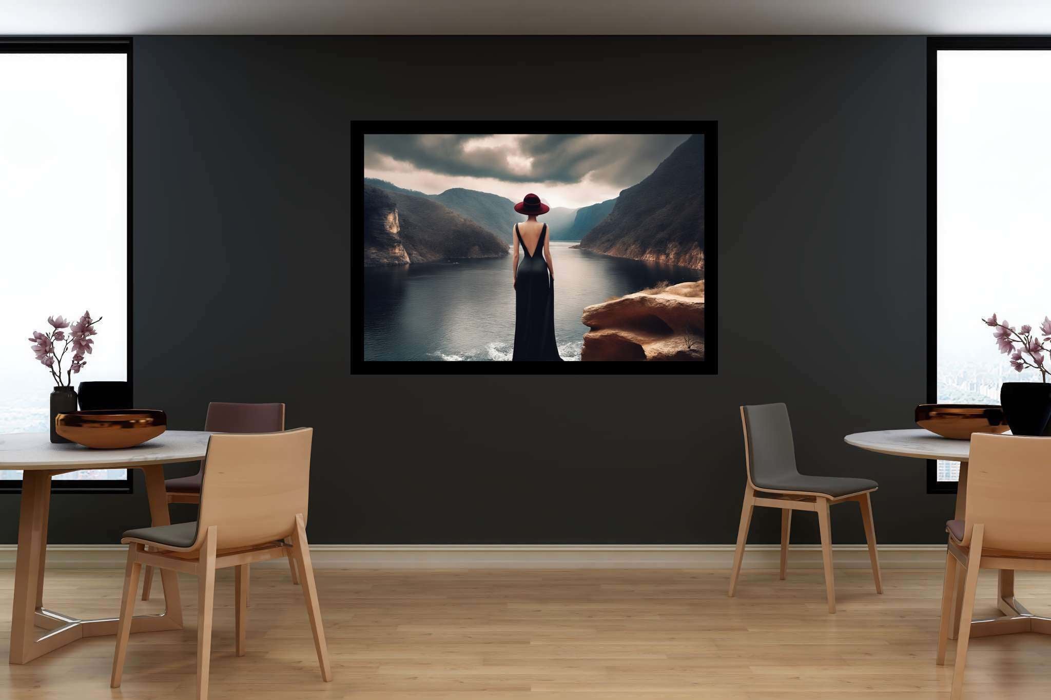 Silent reverie overlook: Solitude art with introspection, in a room with classic elegance, photographic wall art, and artisan decor. The art can be printed on poster, framed poster, canvas, metal, acrylic or wood, exclusively at WallArtZen. Find this exact print at https://wallartzen.com/waz291