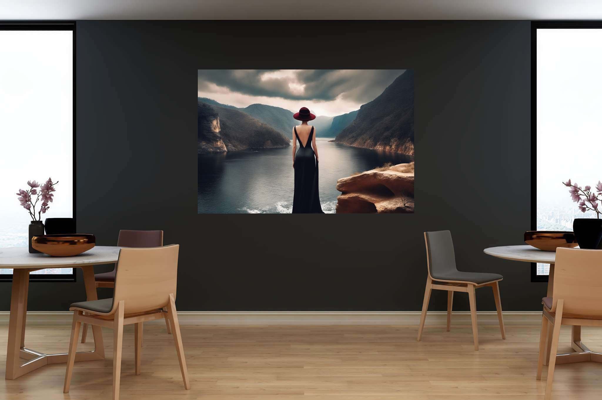 Silent reverie overlook: Solitude art with contemplation, in a room with chic decor, wall art, and trendy home accents. The art can be printed on poster, framed poster, canvas, metal, acrylic or wood, exclusively at WallArtZen. Find this exact print at https://wallartzen.com/waz291