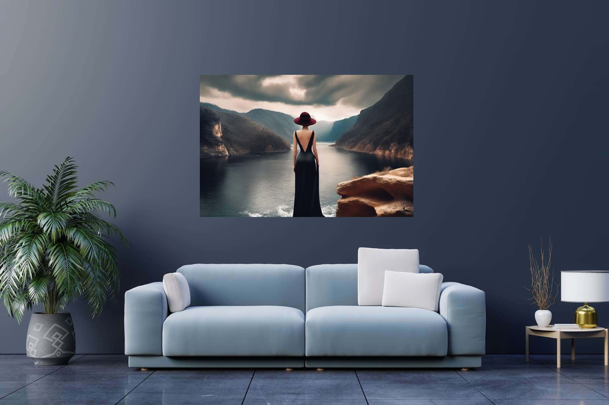 Silent reverie overlook: Solitude art with solitude in nature, in a room with elegant layout, gallery-quality artwork, and artisan decor. The art can be printed on poster, framed poster, canvas, metal, acrylic or wood, exclusively at WallArtZen. Find this exact print at https://wallartzen.com/waz291