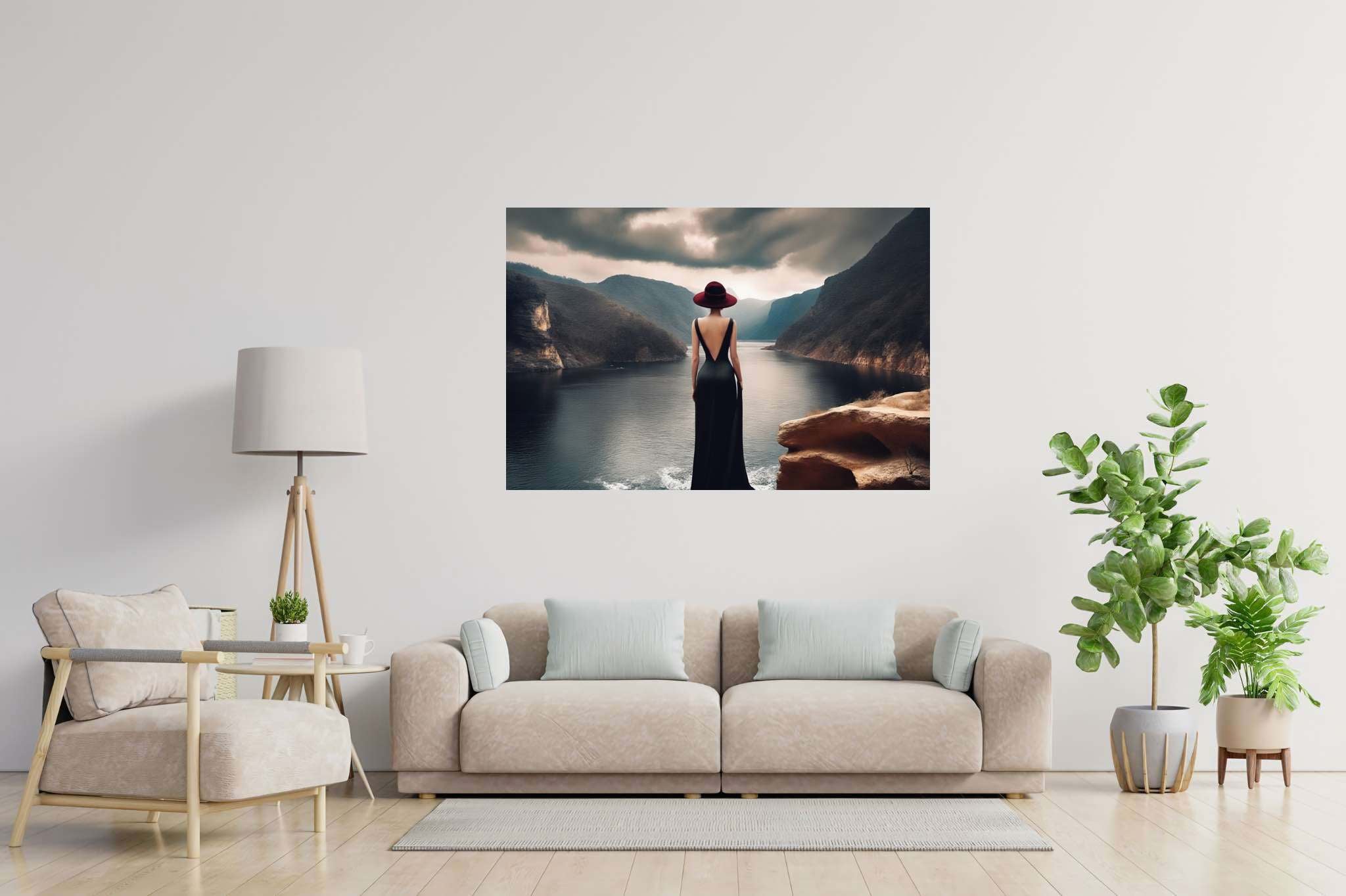 Silent reverie overlook: Solitude art with isolation, in a room with great design, photographic wall art, and designer furniture. The art can be printed on poster, framed poster, canvas, metal, acrylic or wood, exclusively at WallArtZen. Find this exact print at https://wallartzen.com/waz291