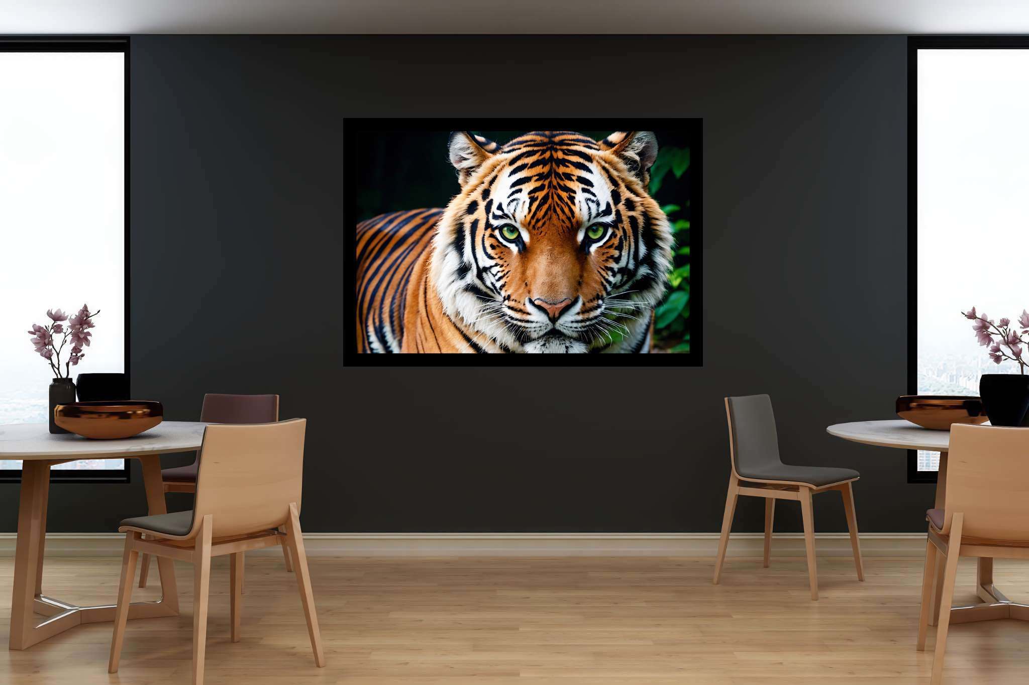 Emerald gaze untamed: Tiger art with nature, in a room with great design, canvas prints, and trendy home accents. The art can be printed on poster, framed poster, canvas, metal, acrylic or wood, exclusively at WallArtZen. Find this exact print at https://wallartzen.com/waz292