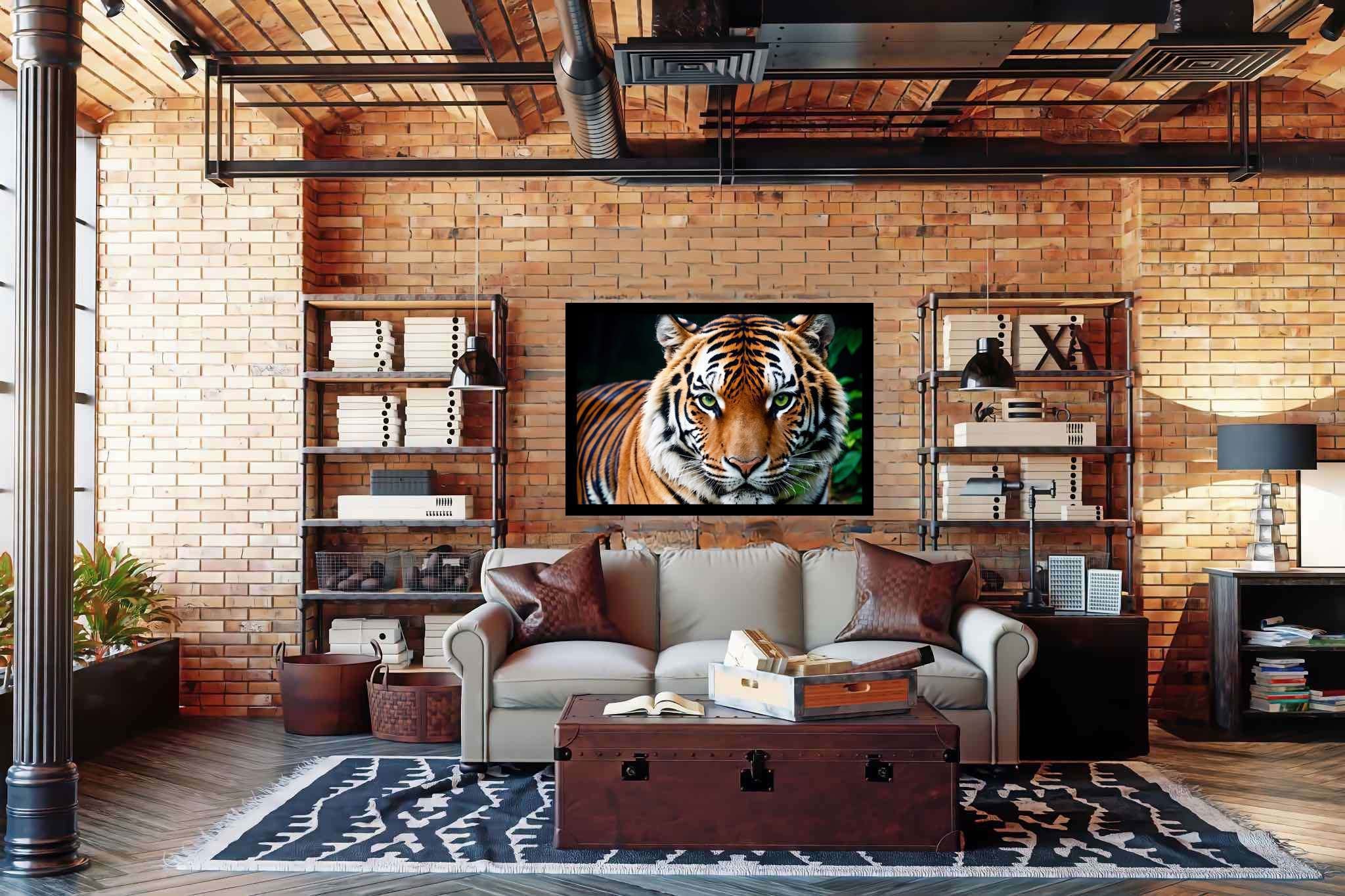 Emerald gaze untamed: Tiger art with wildlife conservation, in a room with classic elegance, digital art pieces, and designer furniture. The art can be printed on poster, framed poster, canvas, metal, acrylic or wood, exclusively at WallArtZen. Find this exact print at https://wallartzen.com/waz292