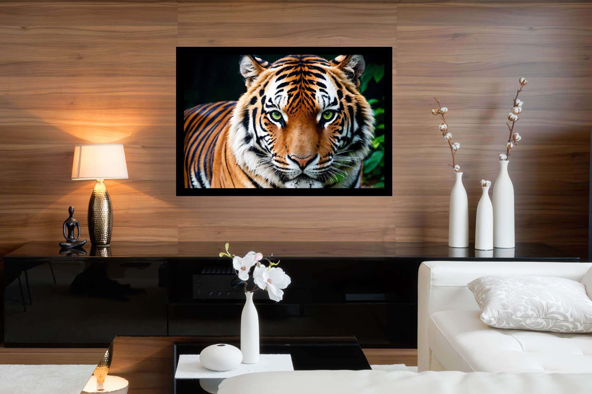 Emerald gaze untamed: Tiger art with power, in a room with modern style, gallery-quality artwork, and home furnishings. The art can be printed on poster, framed poster, canvas, metal, acrylic or wood, exclusively at WallArtZen. Find this exact print at https://wallartzen.com/waz292
