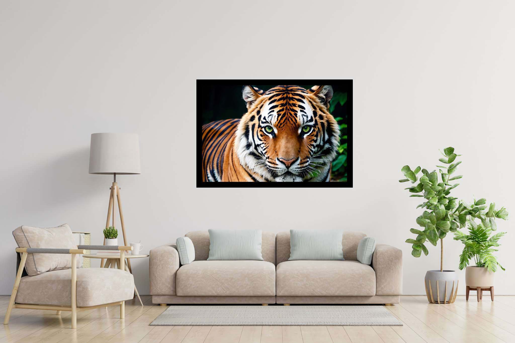 Emerald gaze untamed: Tiger art with nature, in a room with elegant layout, fine art prints, and designer furniture. The art can be printed on poster, framed poster, canvas, metal, acrylic or wood, exclusively at WallArtZen. Find this exact print at https://wallartzen.com/waz292