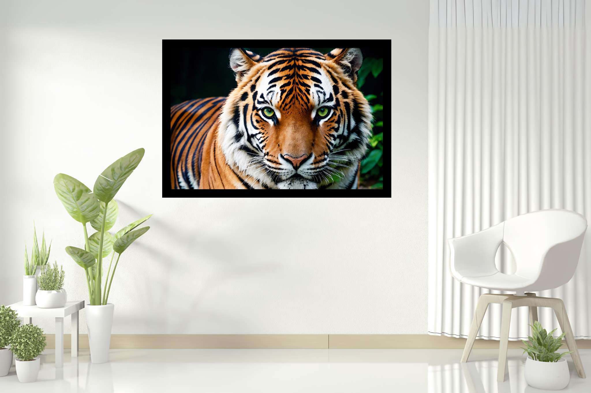 Emerald gaze untamed: Tiger art with power, in a room with chic decor, photographic wall art, and artisan decor. The art can be printed on poster, framed poster, canvas, metal, acrylic or wood, exclusively at WallArtZen. Find this exact print at https://wallartzen.com/waz292