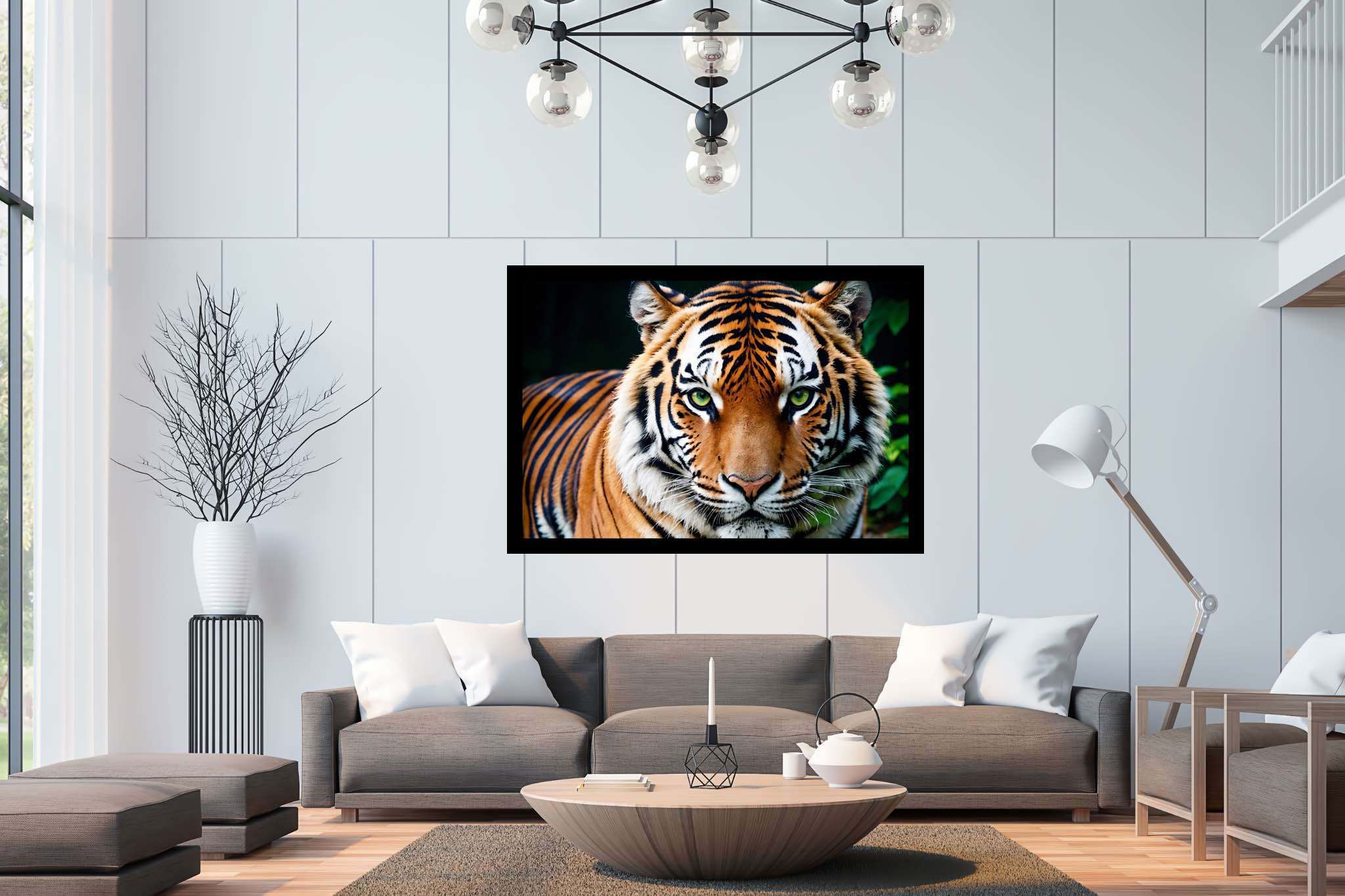 Emerald gaze untamed: Tiger art with power, in a room with modern style, wall hangings, and designer furniture. The art can be printed on poster, framed poster, canvas, metal, acrylic or wood, exclusively at WallArtZen. Find this exact print at https://wallartzen.com/waz292