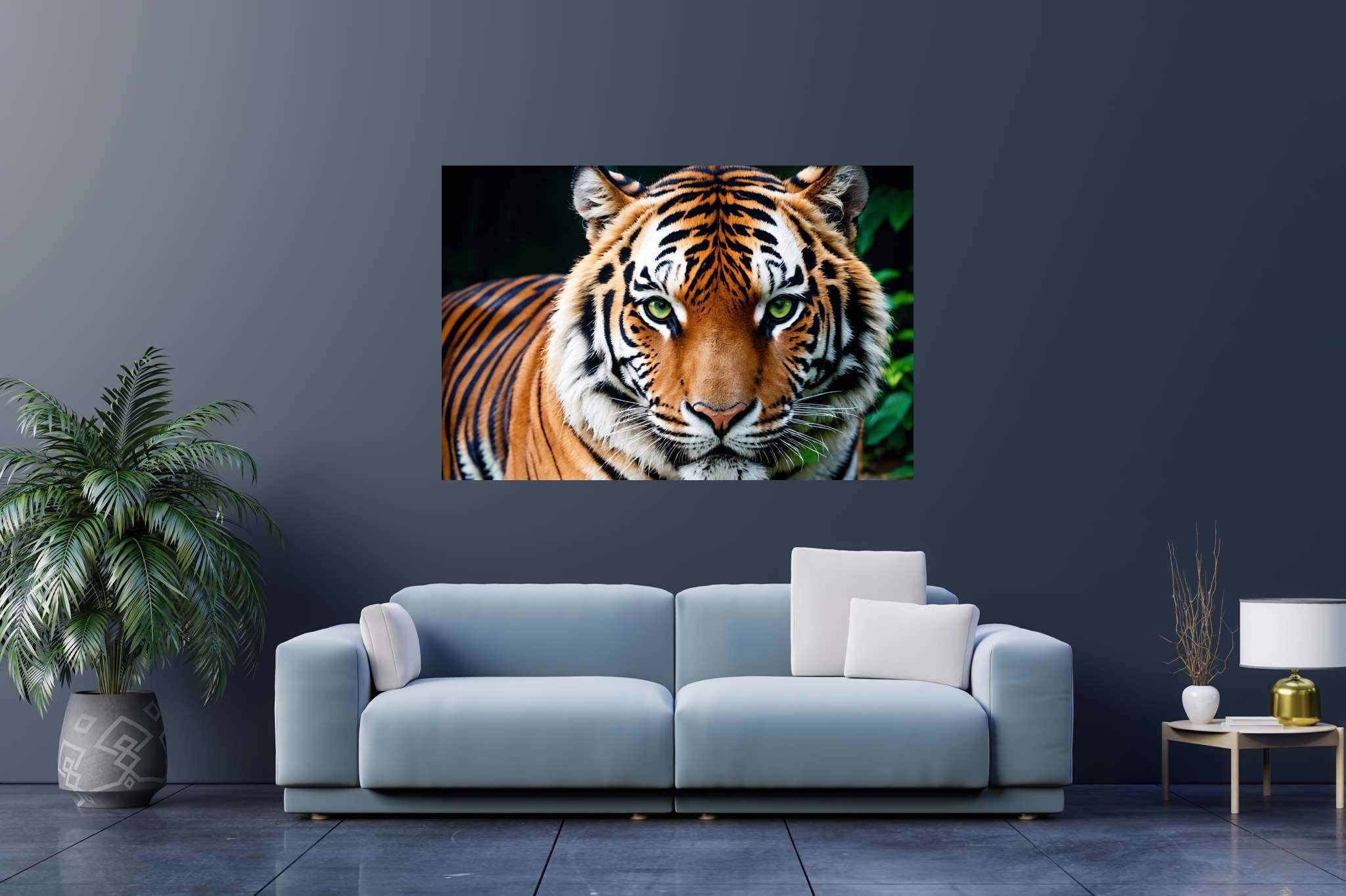 Emerald gaze untamed: Tiger art with wildlife, in a room with great design, fine art prints, and stylish accessories. The art can be printed on poster, framed poster, canvas, metal, acrylic or wood, exclusively at WallArtZen. Find this exact print at https://wallartzen.com/waz292