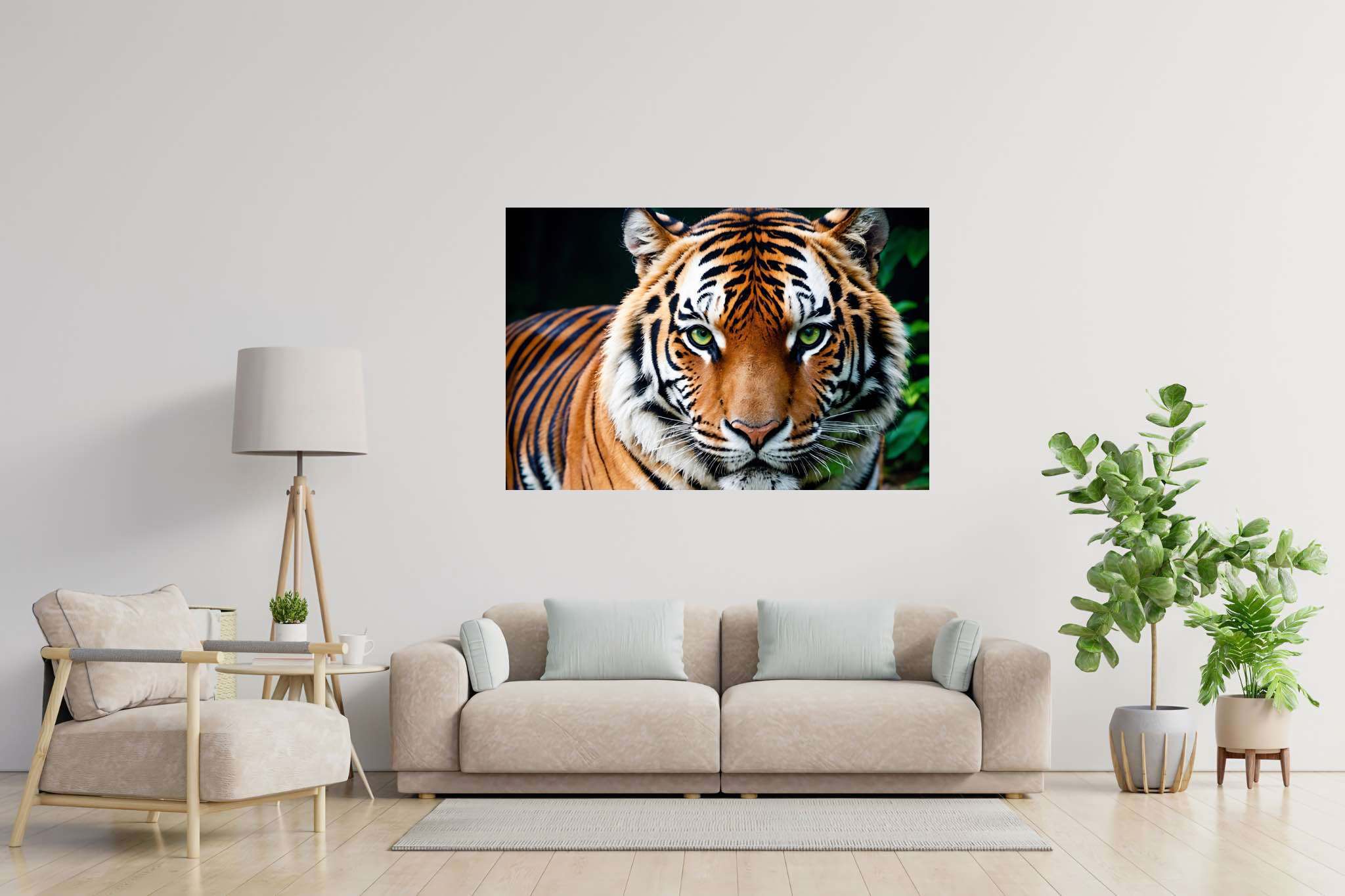 Emerald gaze untamed: Tiger art with majestic, in a room with great design, mural artworks, and luxe decor. The art can be printed on poster, framed poster, canvas, metal, acrylic or wood, exclusively at WallArtZen. Find this exact print at https://wallartzen.com/waz292