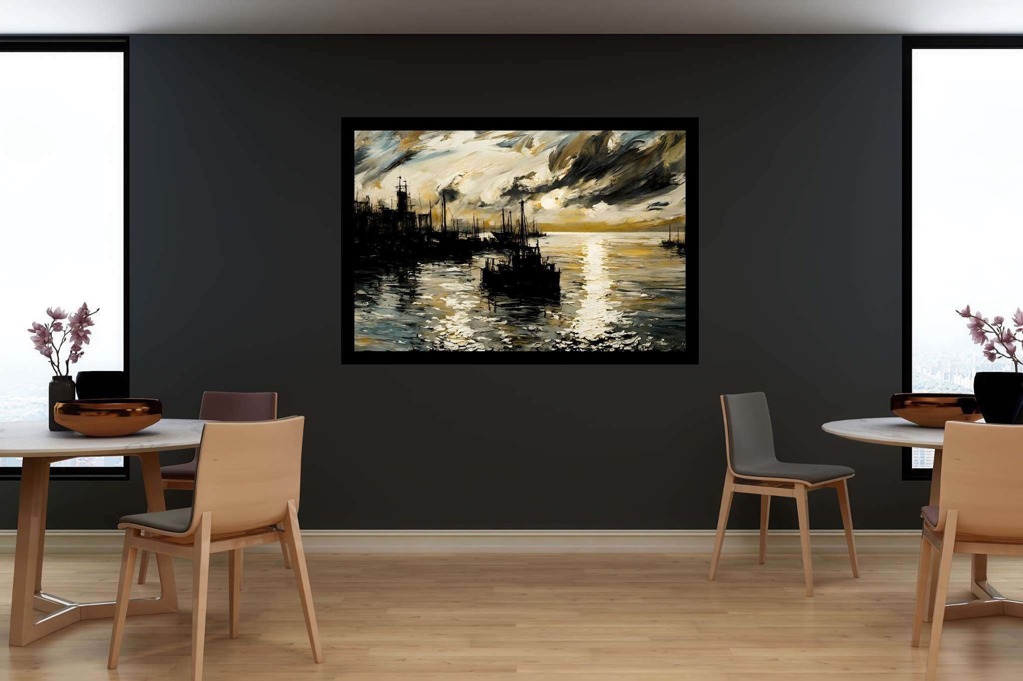 Amber horizons afloat: Serenity art with peaceful abstracts, in a room with classic elegance, abstract paintings, and elegant home goods. The art can be printed on poster, framed poster, canvas, metal, acrylic or wood, exclusively at WallArtZen. Find this exact print at https://wallartzen.com/waz293