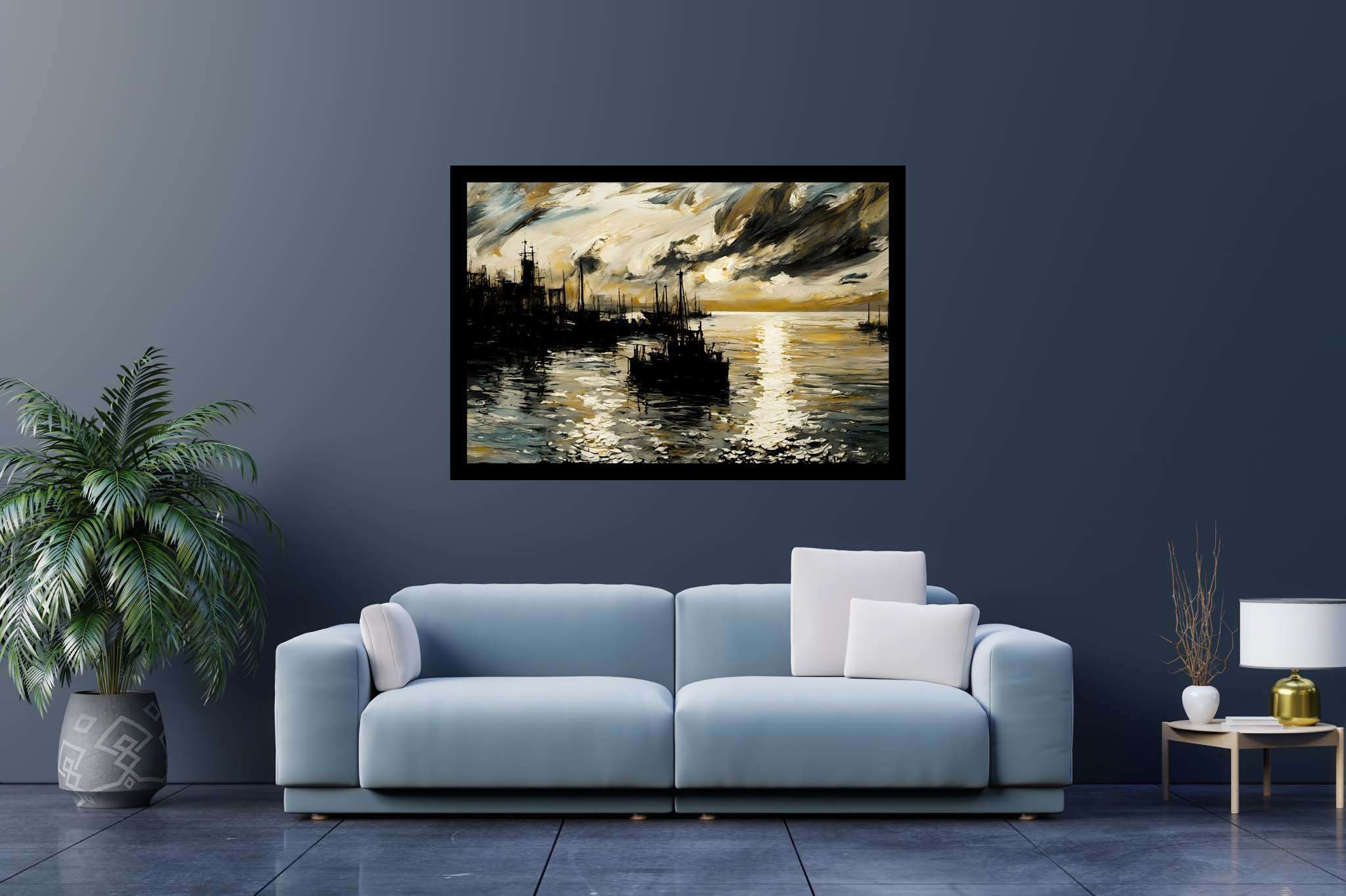 Amber horizons afloat: Serenity art with zen art, in a room with chic decor, gallery-quality artwork, and home styling items. The art can be printed on poster, framed poster, canvas, metal, acrylic or wood, exclusively at WallArtZen. Find this exact print at https://wallartzen.com/waz293