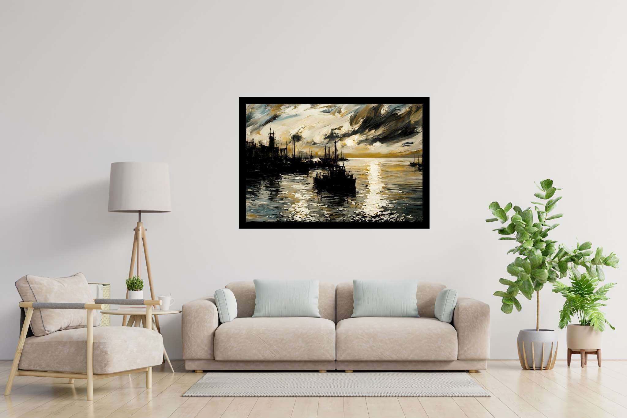 Amber horizons afloat: Serenity art with peacefulness, in a room with great design, fine art prints, and stylish accessories. The art can be printed on poster, framed poster, canvas, metal, acrylic or wood, exclusively at WallArtZen. Find this exact print at https://wallartzen.com/waz293