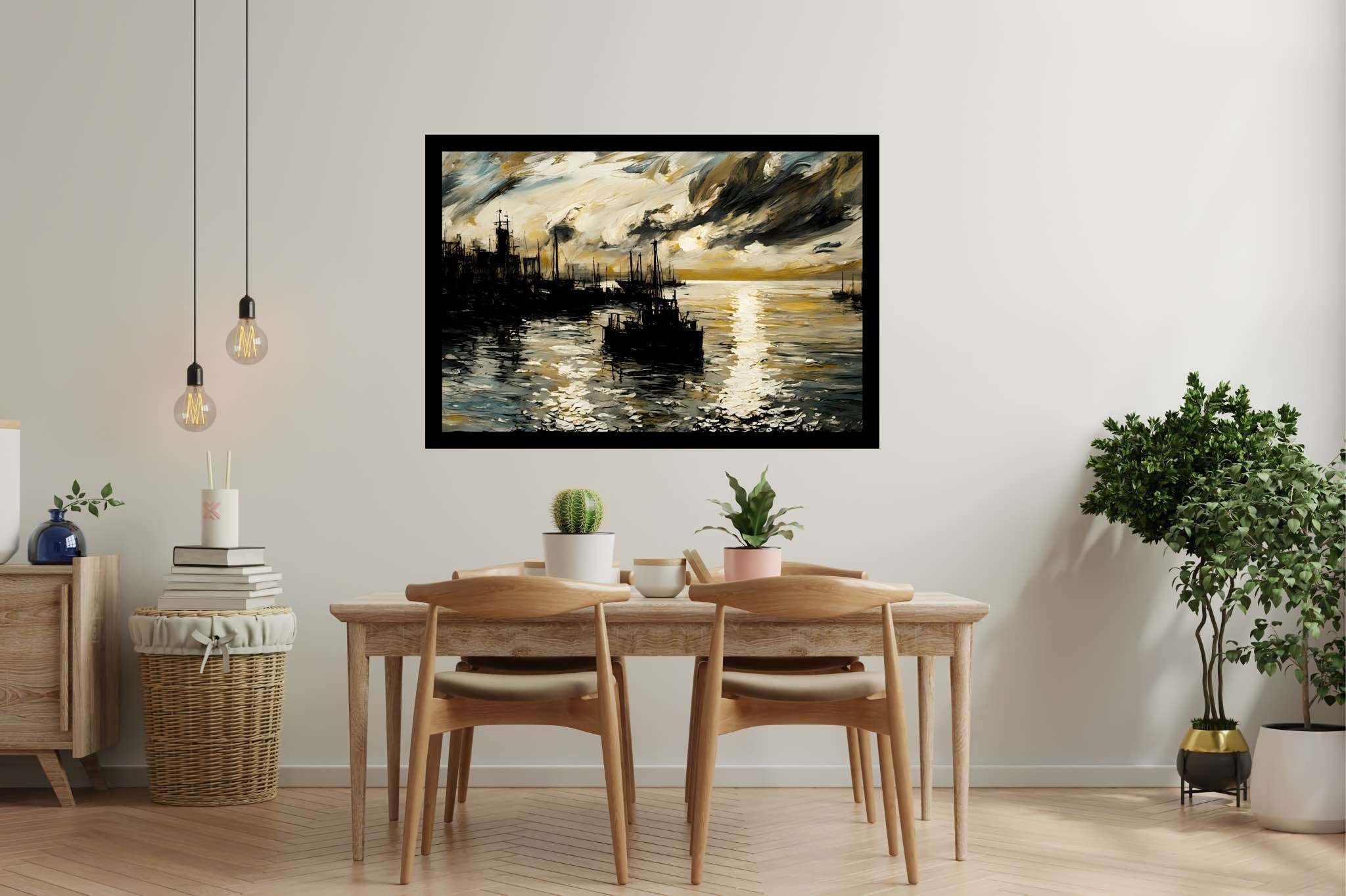 Amber horizons afloat: Serenity art with serene landscapes, in a room with modern style, gallery-quality artwork, and interior decorations. The art can be printed on poster, framed poster, canvas, metal, acrylic or wood, exclusively at WallArtZen. Find this exact print at https://wallartzen.com/waz293