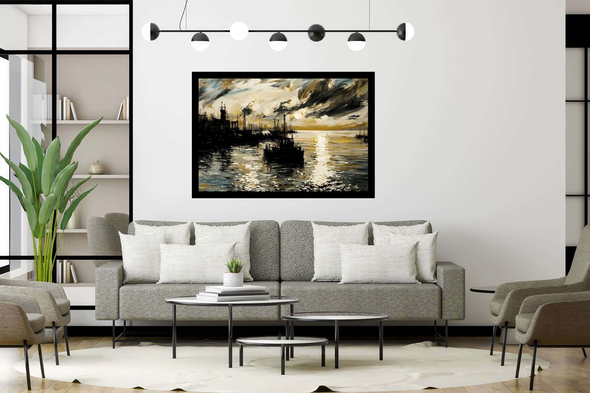 Amber horizons afloat: Serenity art with mindfulness, in a room with classic elegance, gallery-quality artwork, and home furnishings. The art can be printed on poster, framed poster, canvas, metal, acrylic or wood, exclusively at WallArtZen. Find this exact print at https://wallartzen.com/waz293
