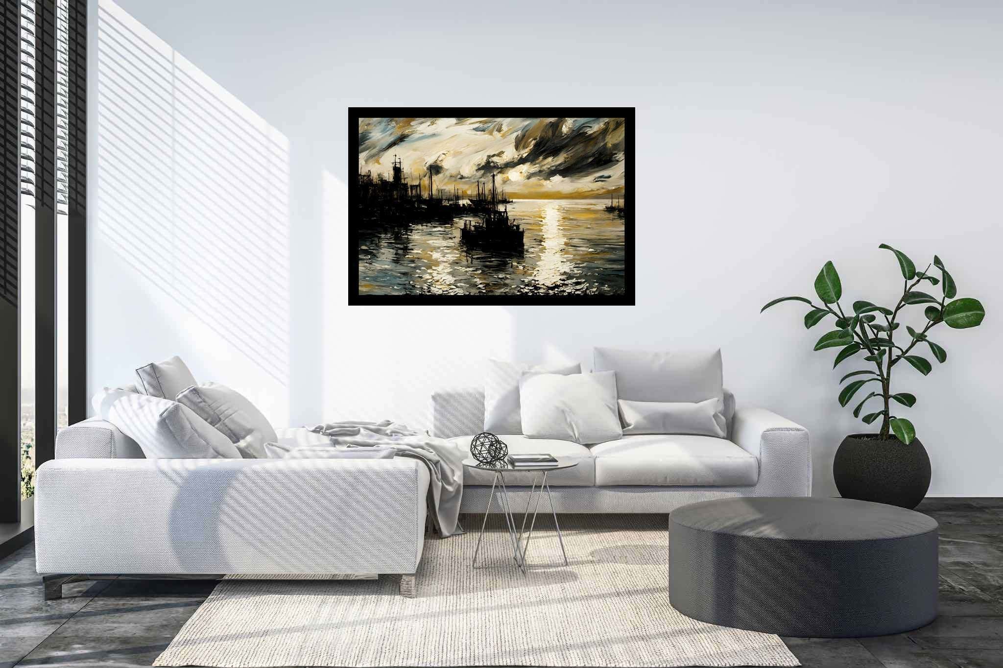 Amber horizons afloat: Serenity art with relaxation, in a room with innovative layout, digital art pieces, and designer furniture. The art can be printed on poster, framed poster, canvas, metal, acrylic or wood, exclusively at WallArtZen. Find this exact print at https://wallartzen.com/waz293