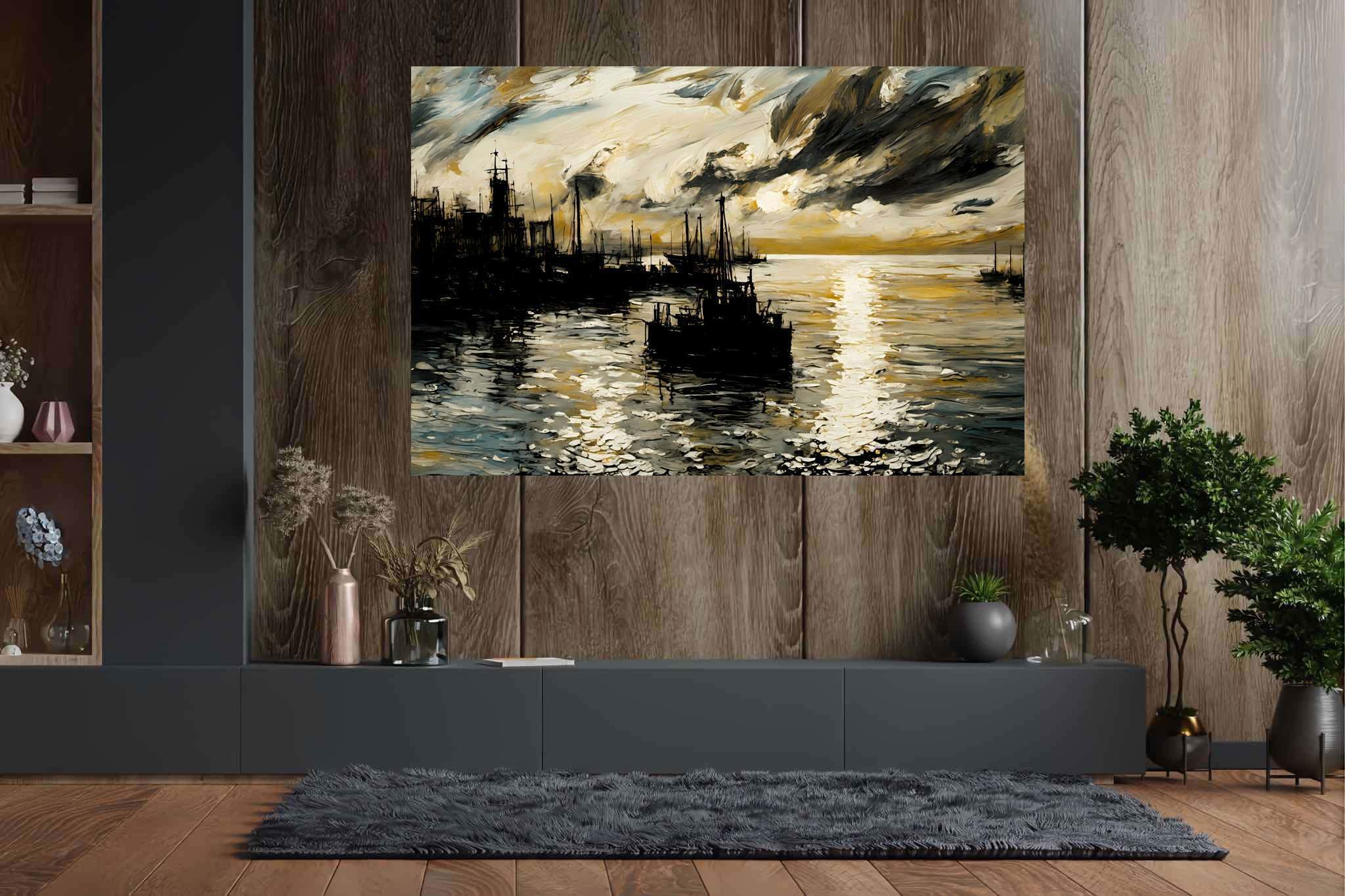 Amber horizons afloat: Serenity art with harmony, in a room with chic decor, wall art, and interior decorations. The art can be printed on poster, framed poster, canvas, metal, acrylic or wood, exclusively at WallArtZen. Find this exact print at https://wallartzen.com/waz293