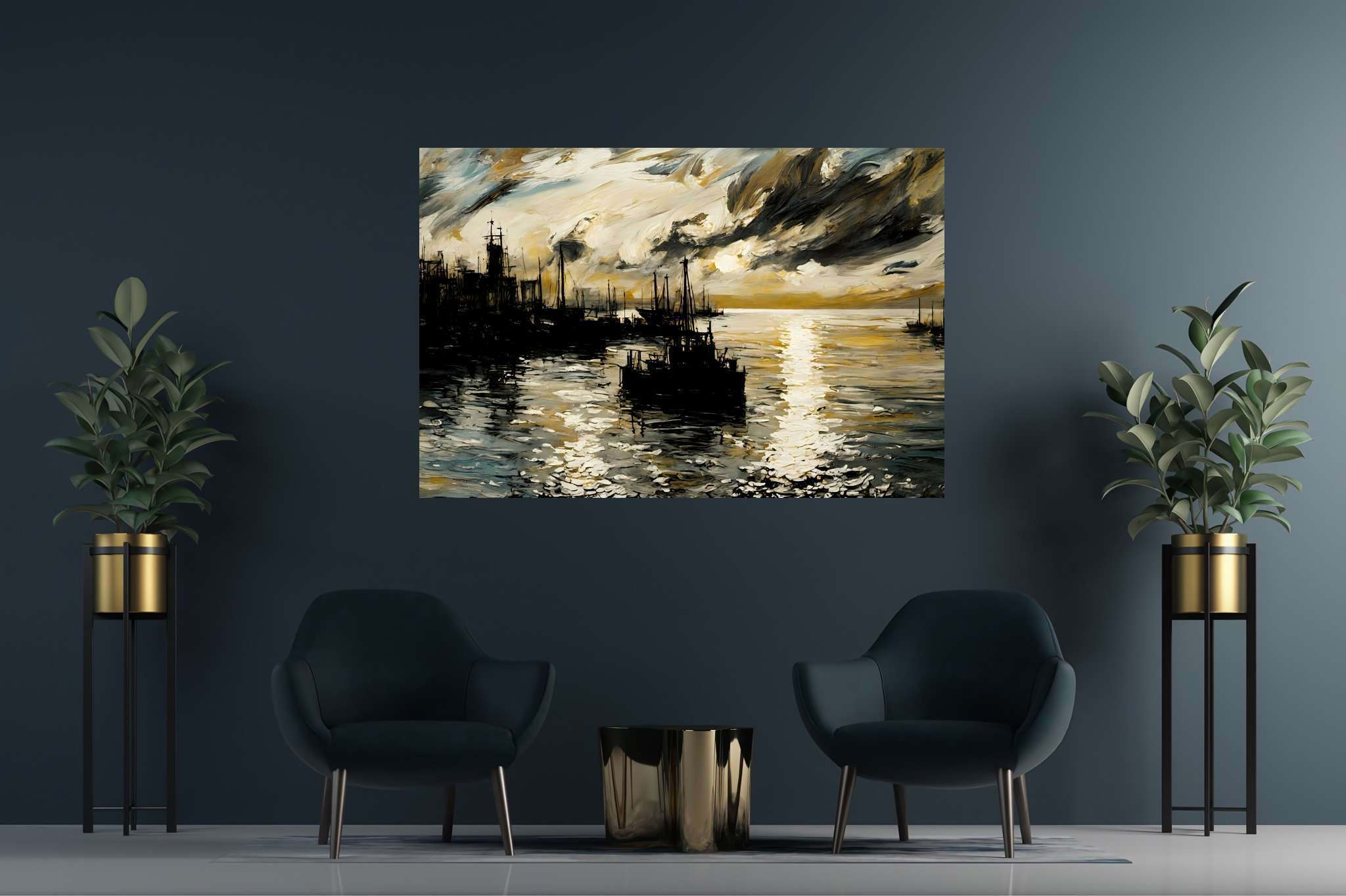 Amber horizons afloat: Serenity art with mindfulness, in a room with urban design, mural artworks, and decorative pieces. The art can be printed on poster, framed poster, canvas, metal, acrylic or wood, exclusively at WallArtZen. Find this exact print at https://wallartzen.com/waz293