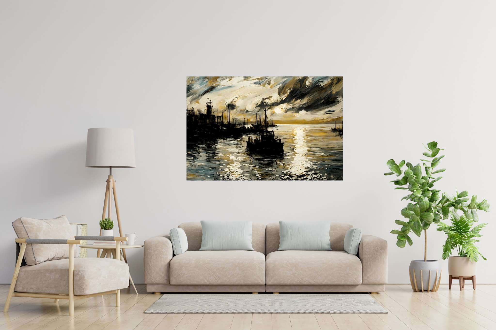Amber horizons afloat: Serenity art with relaxation, in a room with classic elegance, gallery-quality artwork, and home styling items. The art can be printed on poster, framed poster, canvas, metal, acrylic or wood, exclusively at WallArtZen. Find this exact print at https://wallartzen.com/waz293