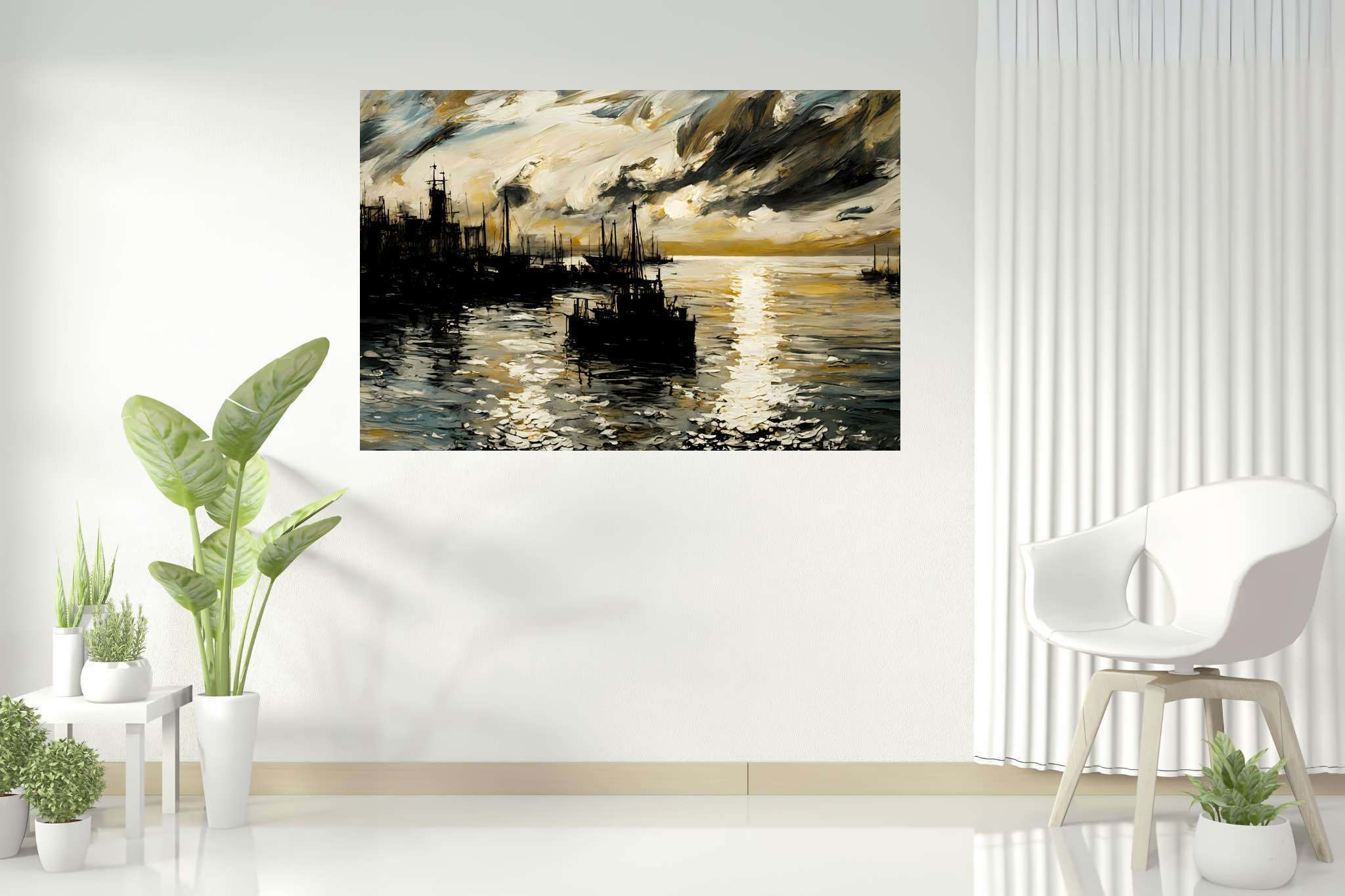 Amber horizons afloat: Serenity art with serene landscapes, in a room with great design, canvas prints, and artisan decor. The art can be printed on poster, framed poster, canvas, metal, acrylic or wood, exclusively at WallArtZen. Find this exact print at https://wallartzen.com/waz293