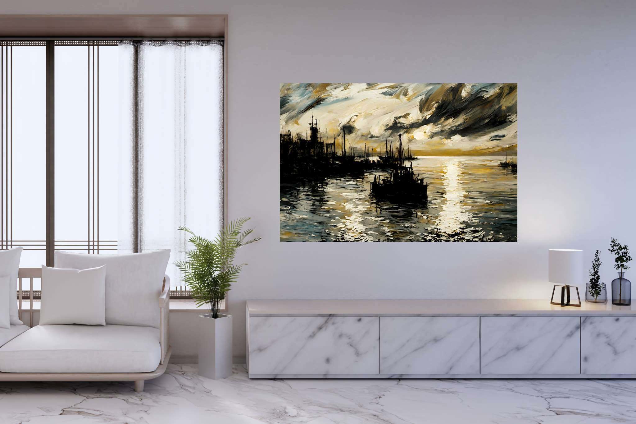 Amber horizons afloat: Serenity art with relaxation, in a room with chic decor, fine art prints, and interior decorations. The art can be printed on poster, framed poster, canvas, metal, acrylic or wood, exclusively at WallArtZen. Find this exact print at https://wallartzen.com/waz293