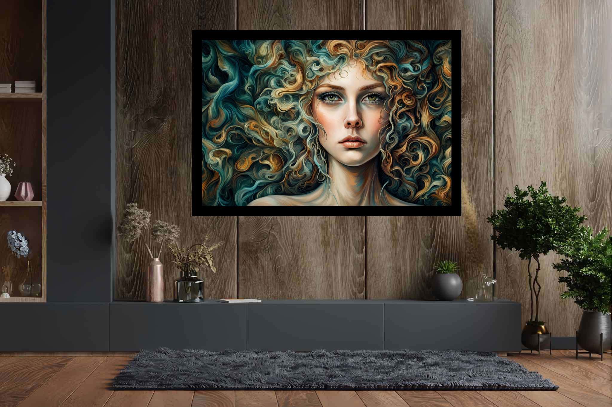 Tresses of thought: Curly hair portrait art with curly hair inspiration, in a room with minimalist approach, abstract paintings, and stylish accessories. The art can be printed on poster, framed poster, canvas, metal, acrylic or wood, exclusively at WallArtZen. Find this exact print at https://wallartzen.com/waz294