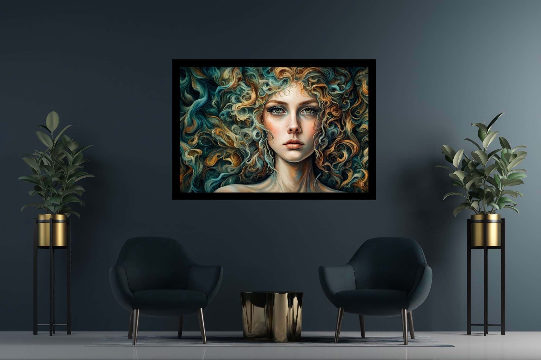 Tresses of thought: Curly hair portrait art with curly hair style, in a room with minimalist approach, mural artworks, and artisan decor. The art can be printed on poster, framed poster, canvas, metal, acrylic or wood, exclusively at WallArtZen. Find this exact print at https://wallartzen.com/waz294