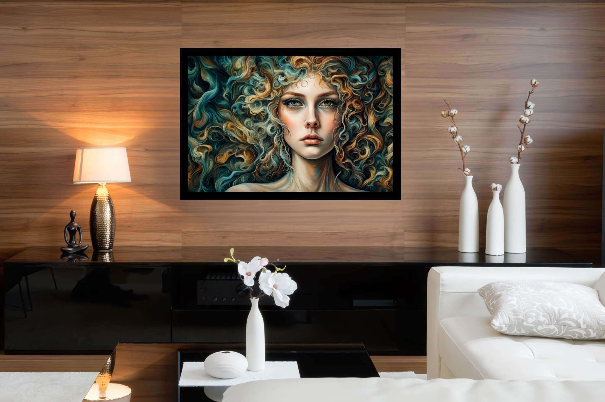 Tresses of thought: Curly hair portrait art with curly hair illustration, in a room with classic elegance, photographic wall art, and designer furniture. The art can be printed on poster, framed poster, canvas, metal, acrylic or wood, exclusively at WallArtZen. Find this exact print at https://wallartzen.com/waz294