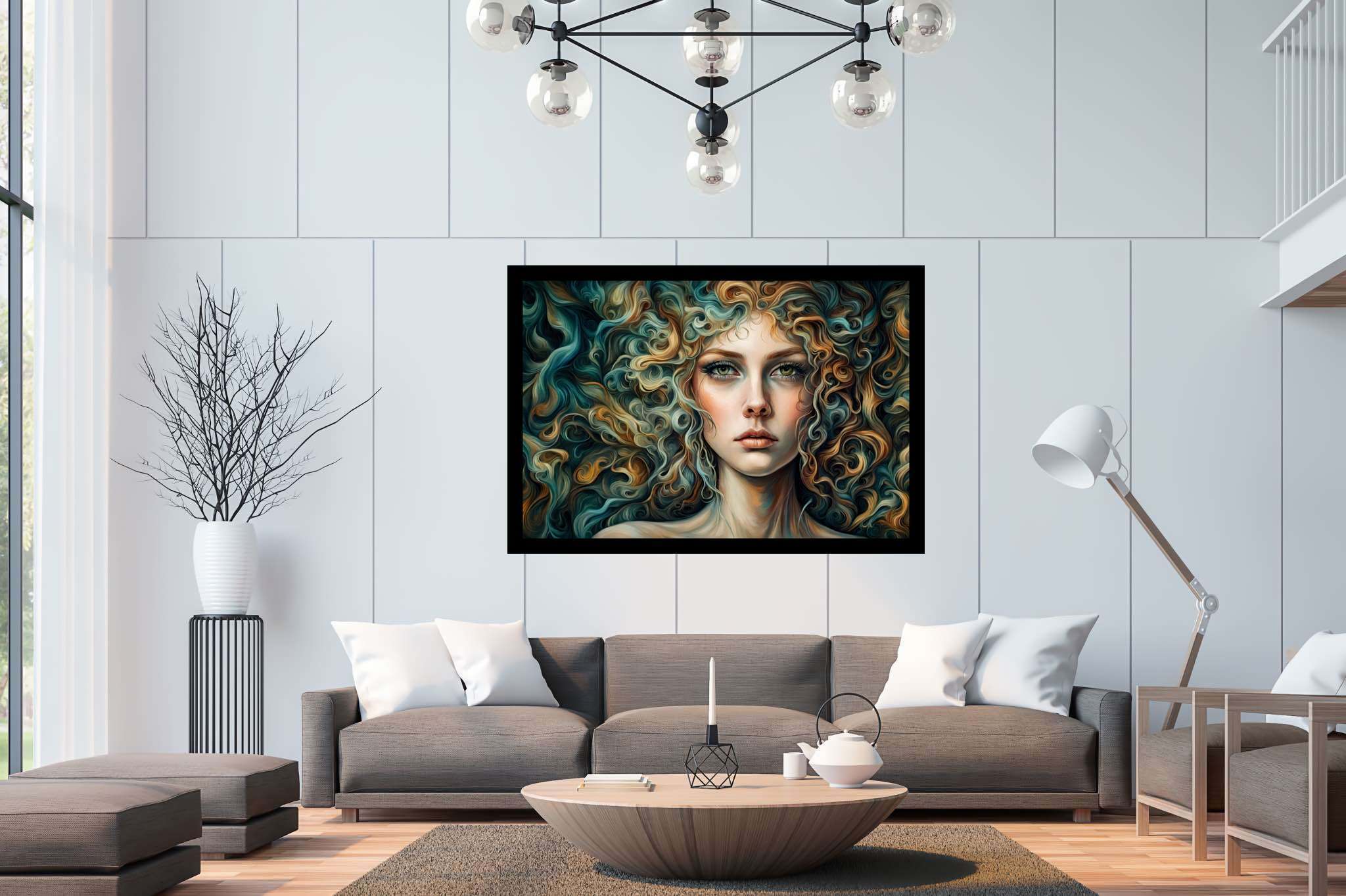 Tresses of thought: Curly hair portrait art with curly hair artist, in a room with chic decor, canvas prints, and home styling items. The art can be printed on poster, framed poster, canvas, metal, acrylic or wood, exclusively at WallArtZen. Find this exact print at https://wallartzen.com/waz294